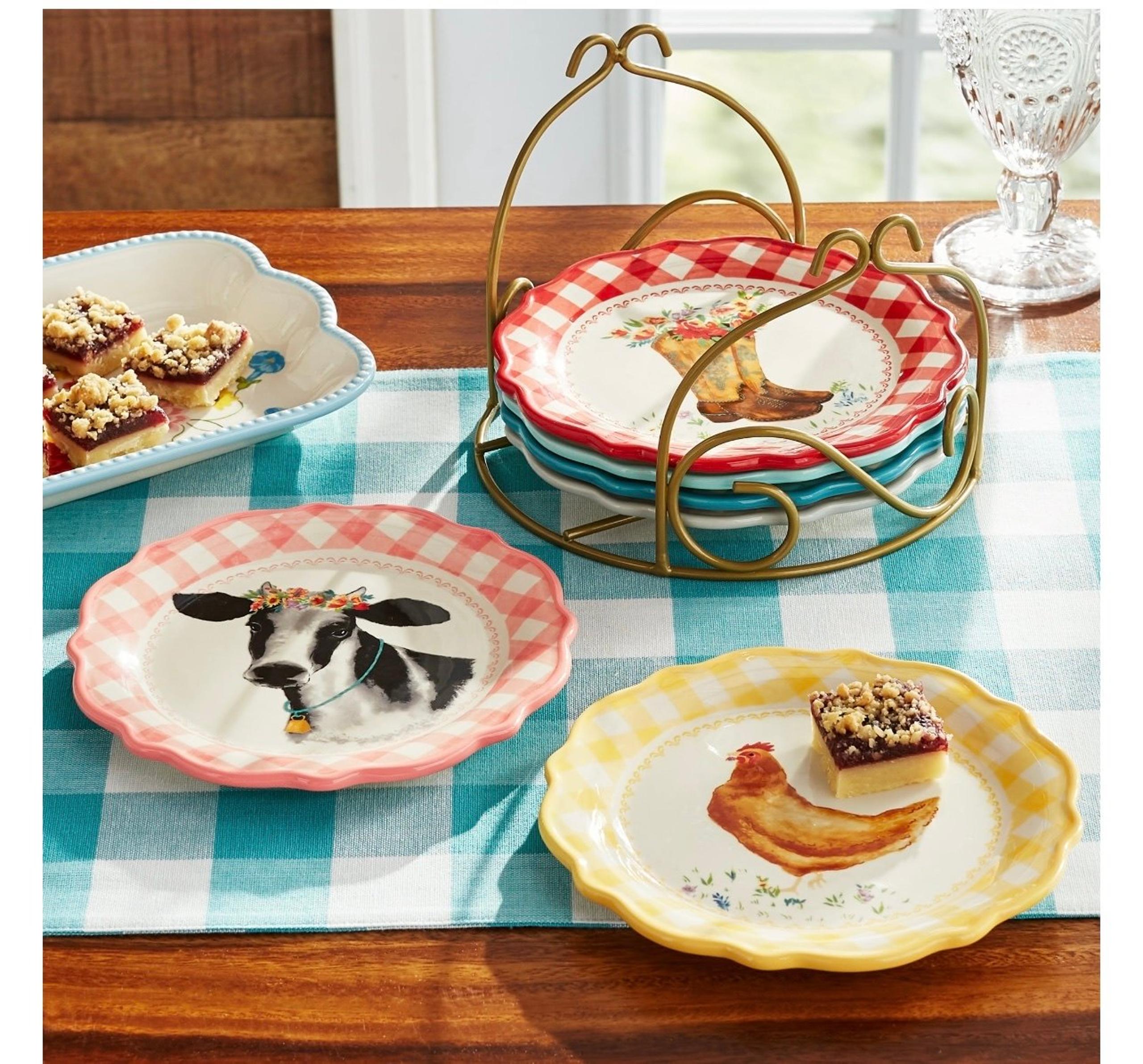 The Pioneer Woman Novelty 7-Inch Plates with Rack, 7-Piece Set FREE-SHIPPING!