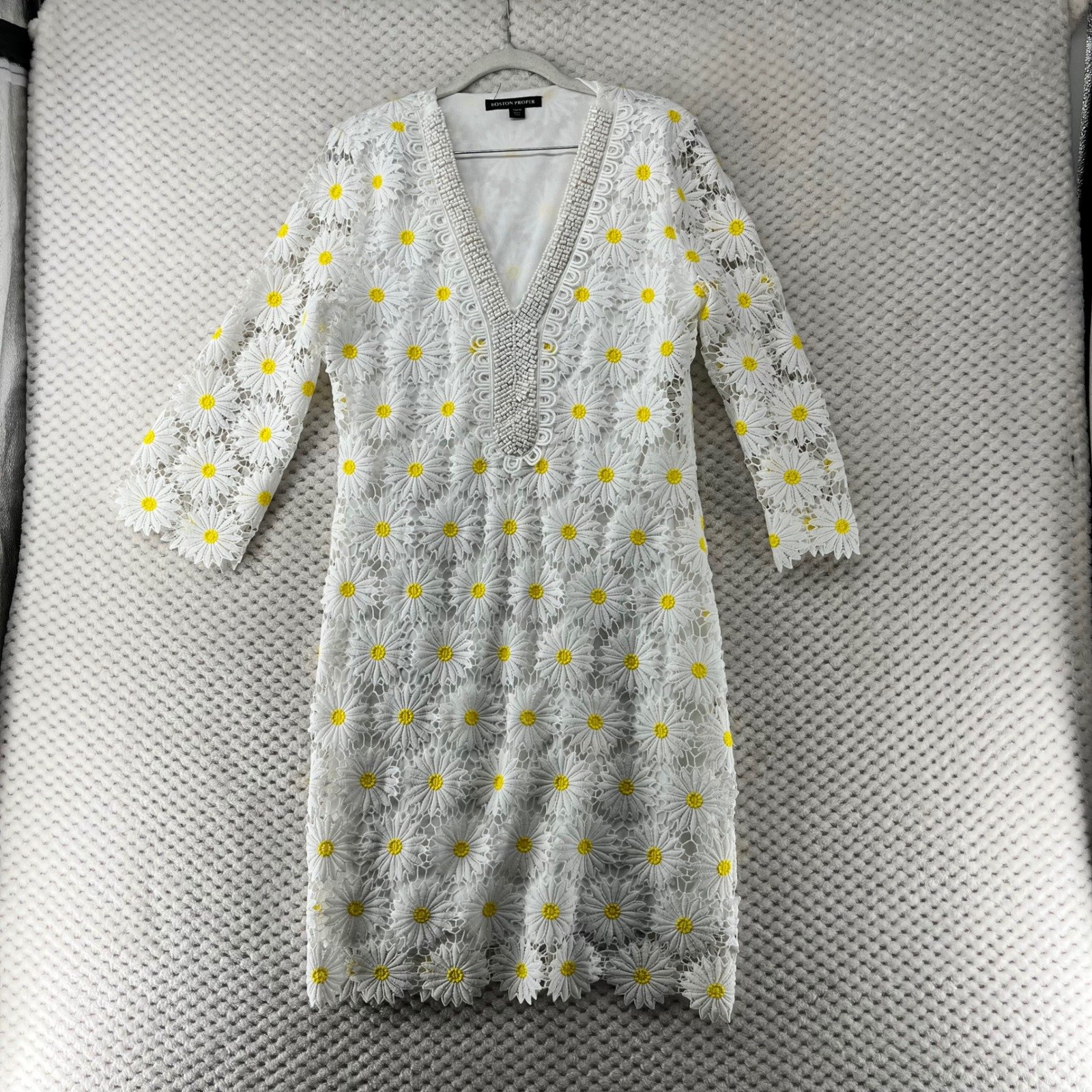 Boston Proper Daisy Lace Dress Floral White Yellow Party Beaded Cocktail S