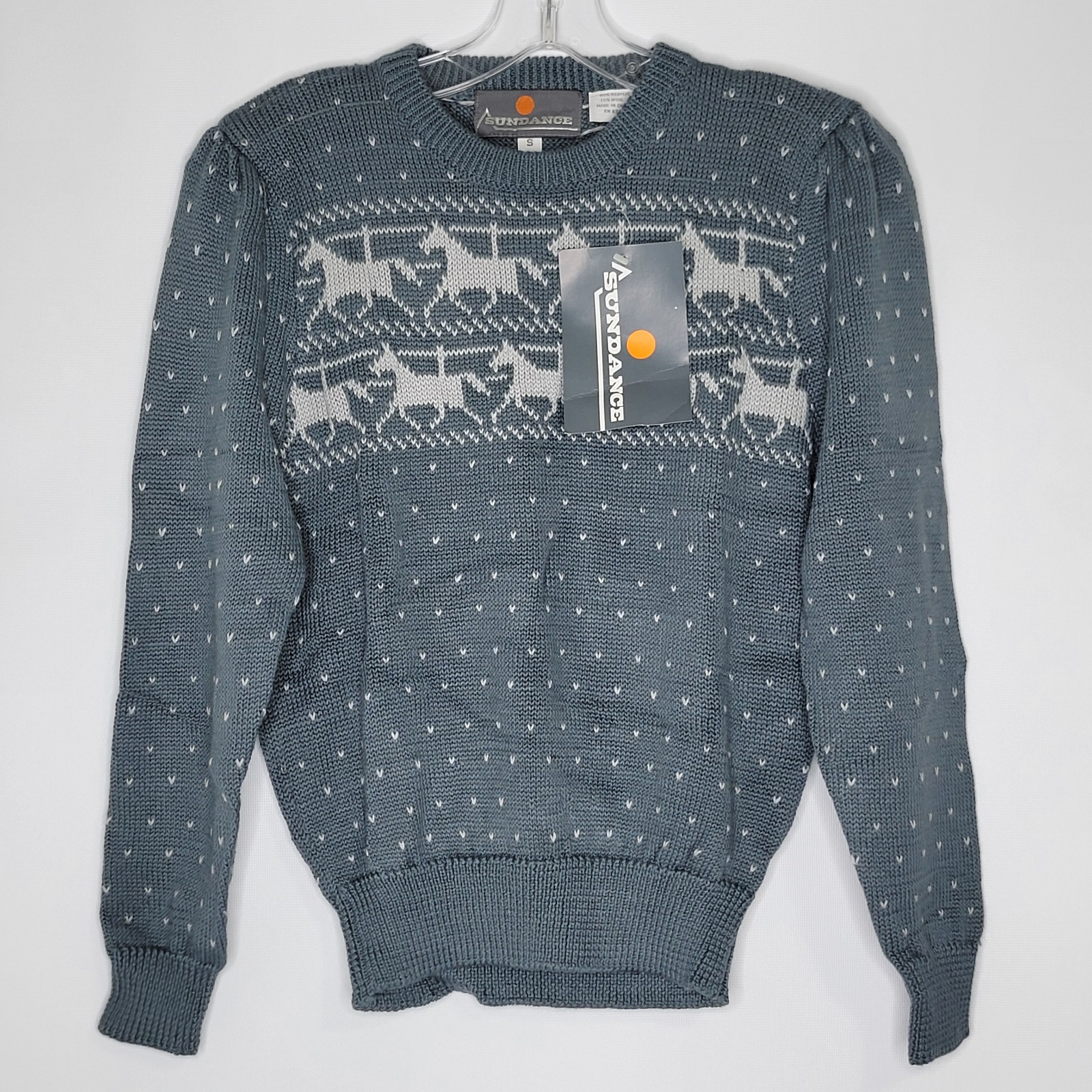 Vintage Sundance Women's Small Blue Gray Pullover Knitted Horses Sweater