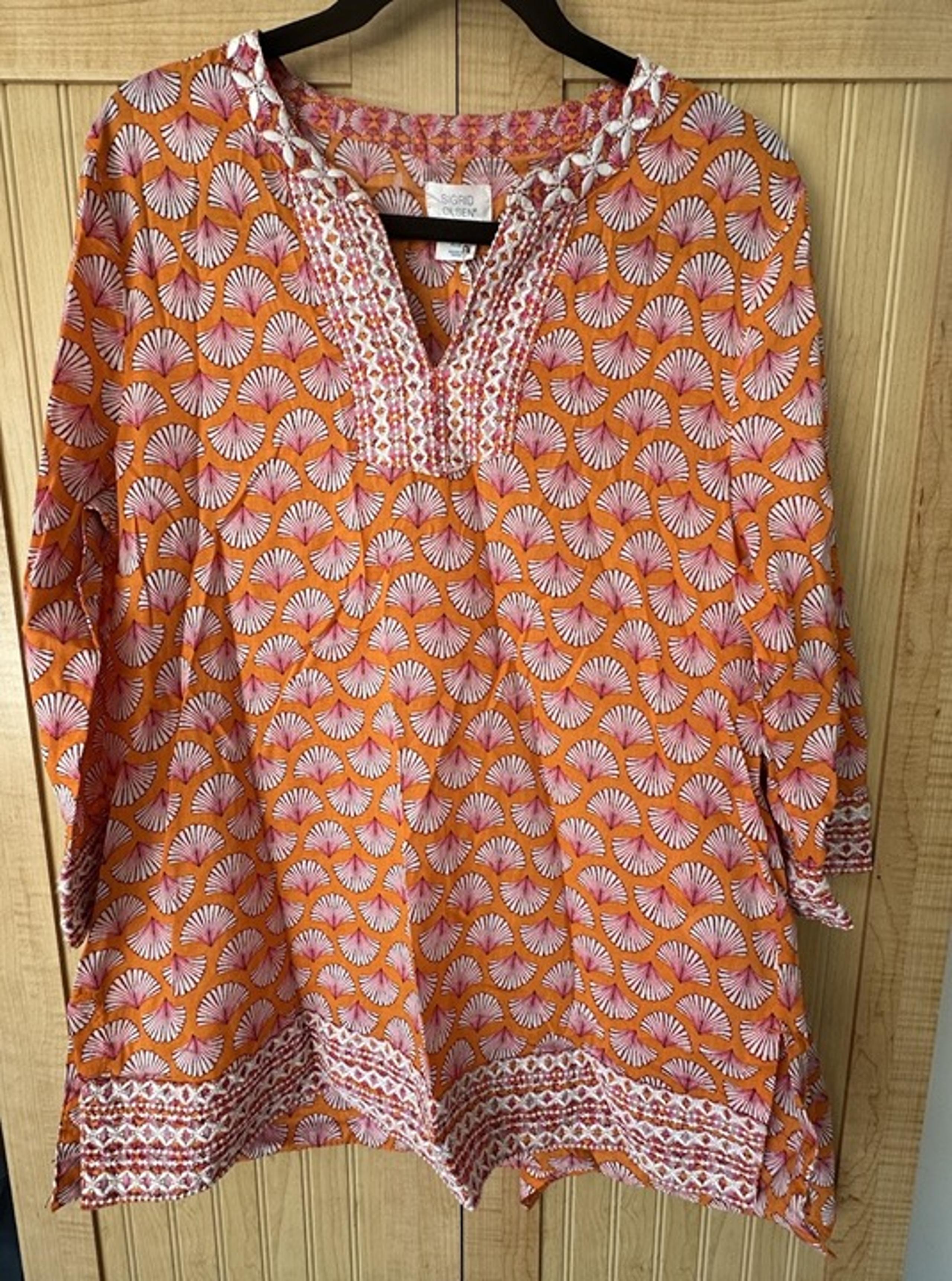 Sigrid Olsen | Orange/Pink Coastal 100% Cotton Embroidered Resort Top | Medium