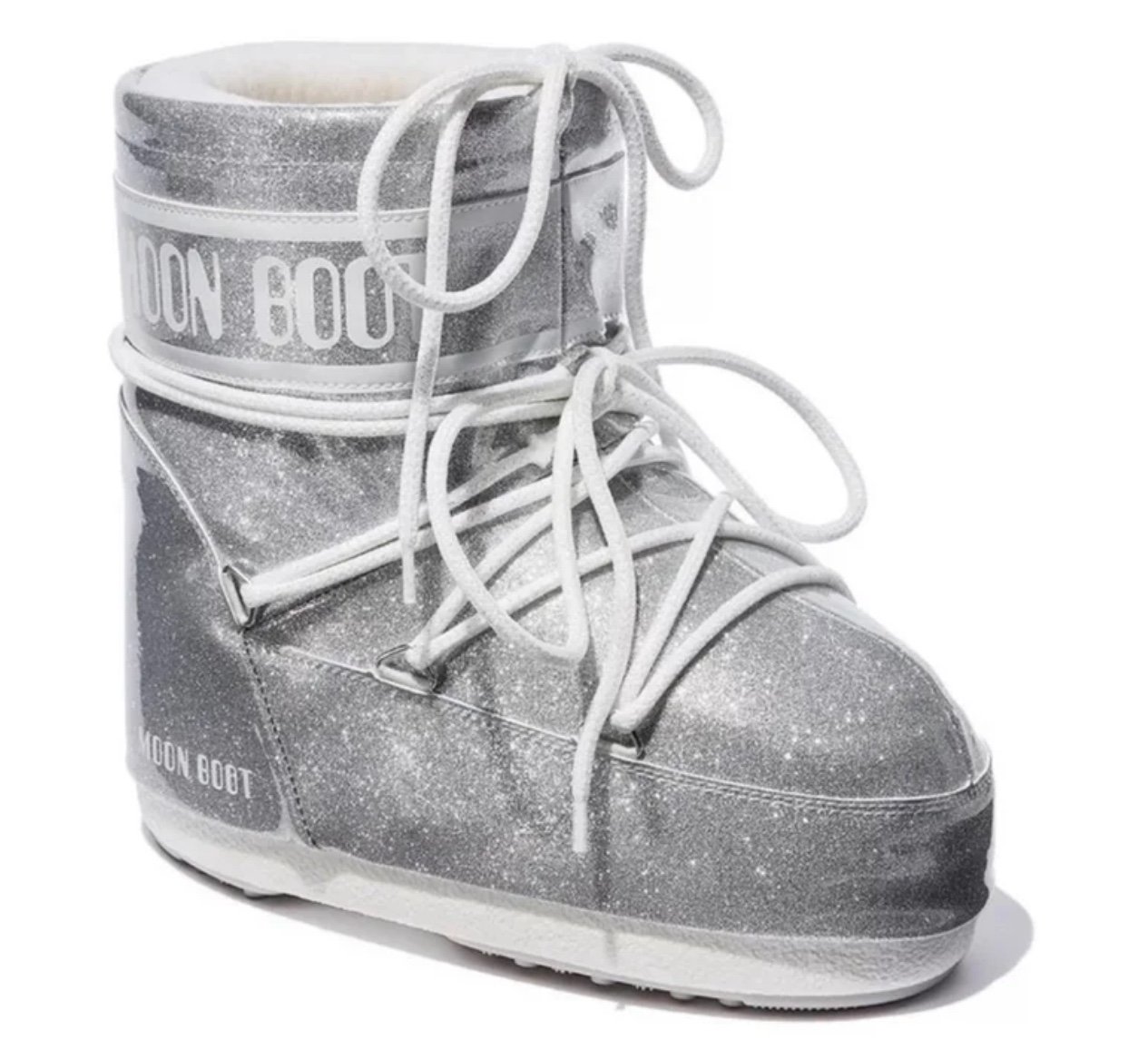 MOON BOOT Icon Low Glitter Lace-Up Boots LIMITED EDITION: SILVER GLITTER
