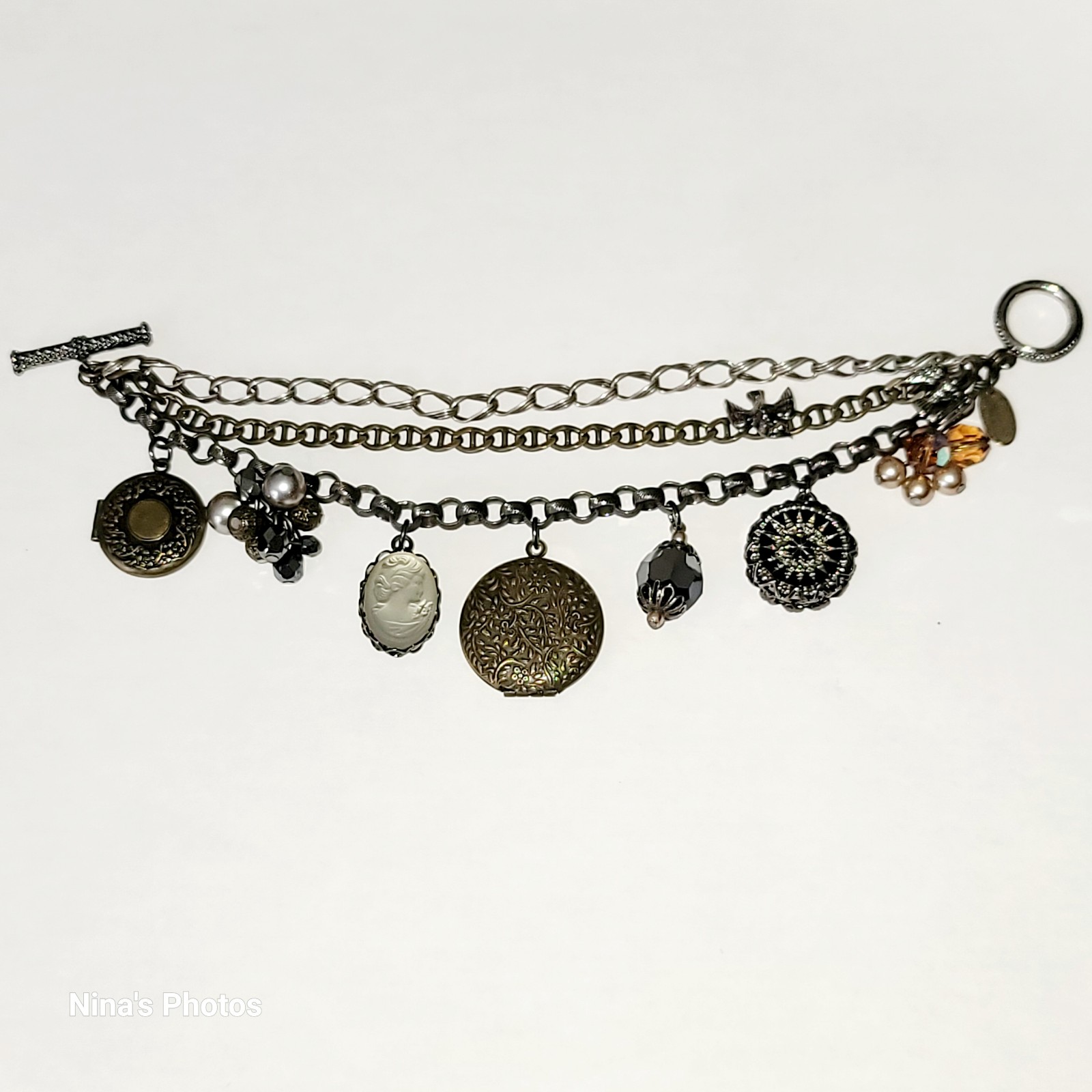 Vintage Miriam Haskell 3 Chain Charm Bracelet Cameo Roses Birds Lockets Signed