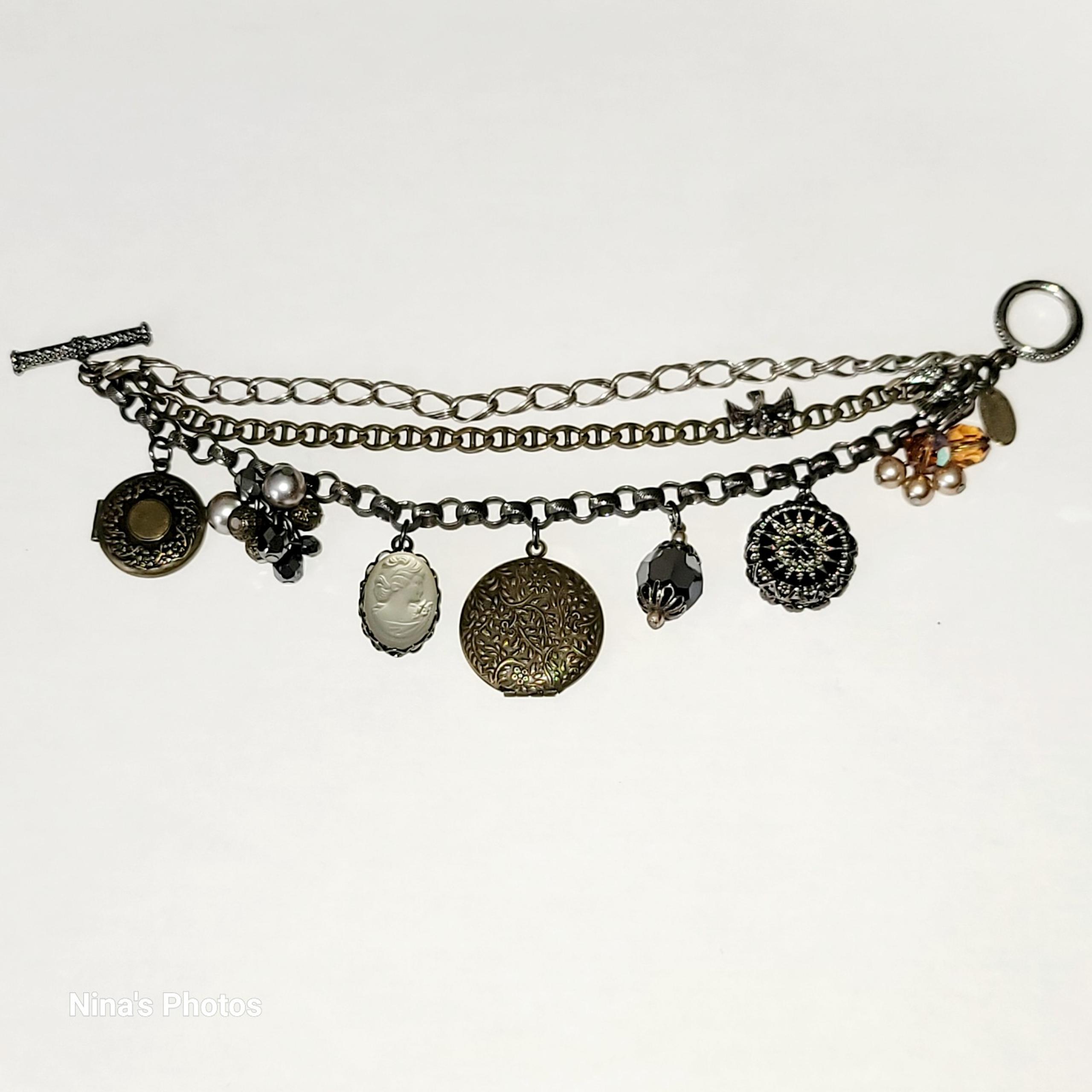 Vintage Miriam Haskell 3 Chain Charm Bracelet Cameo Roses Birds Lockets Signed