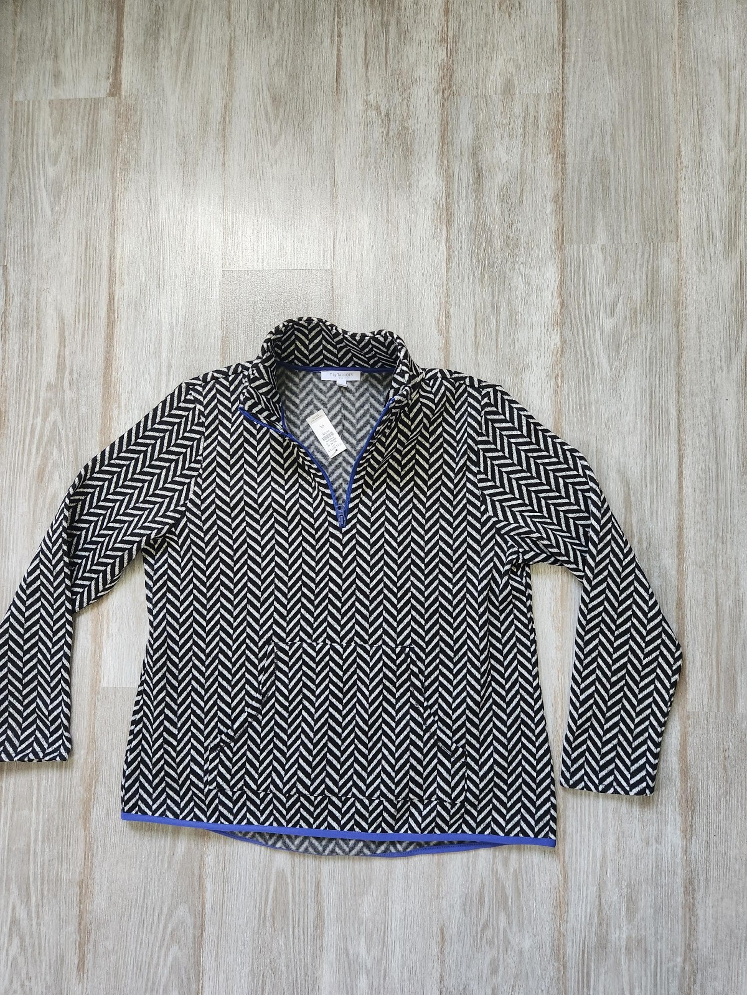 NWT Talbots Black White Chevron Elliptical Blue Hem Half Zip Pullover Petite L