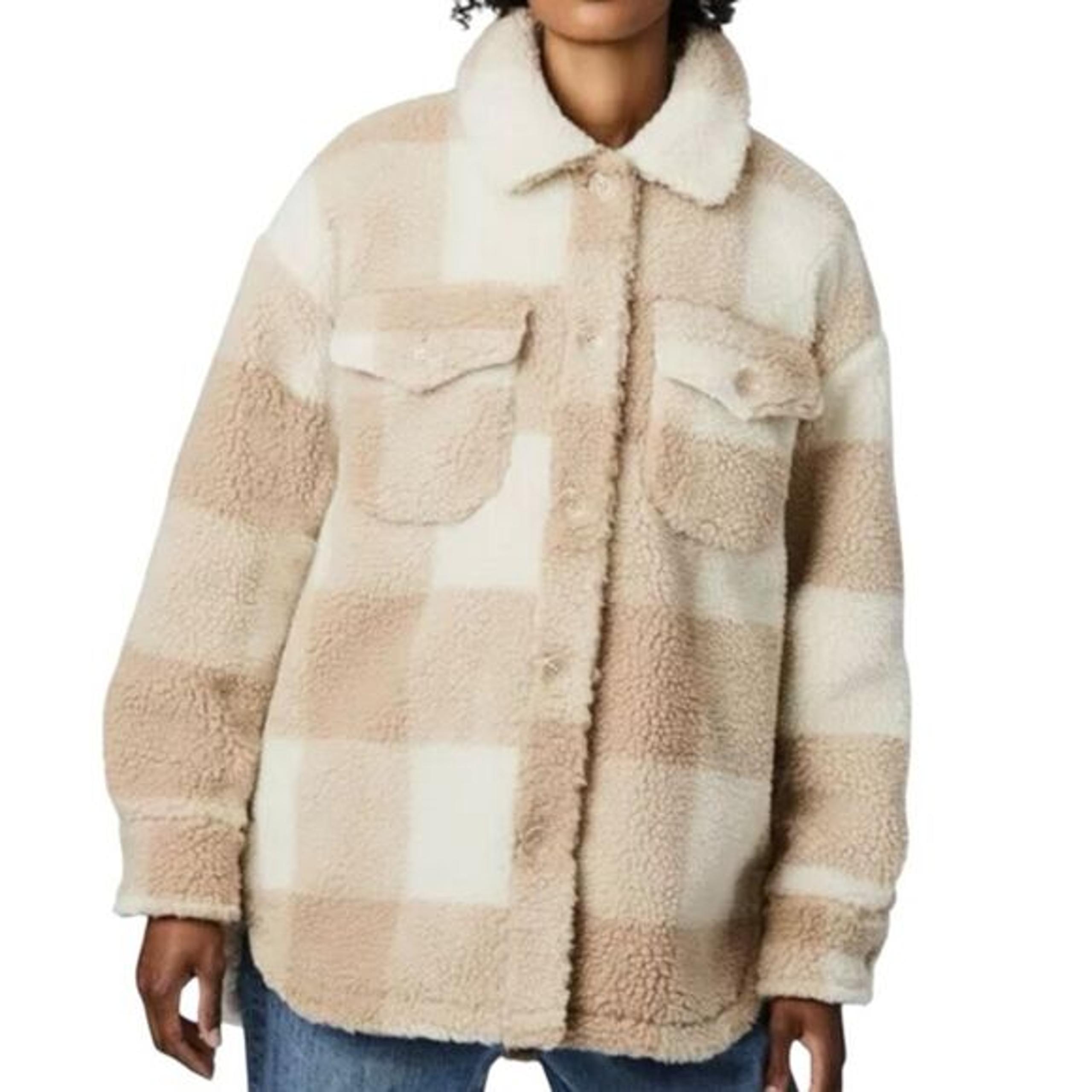 Bernardo Women's Beige Checkered Sherpa Button Down Jacket Size L