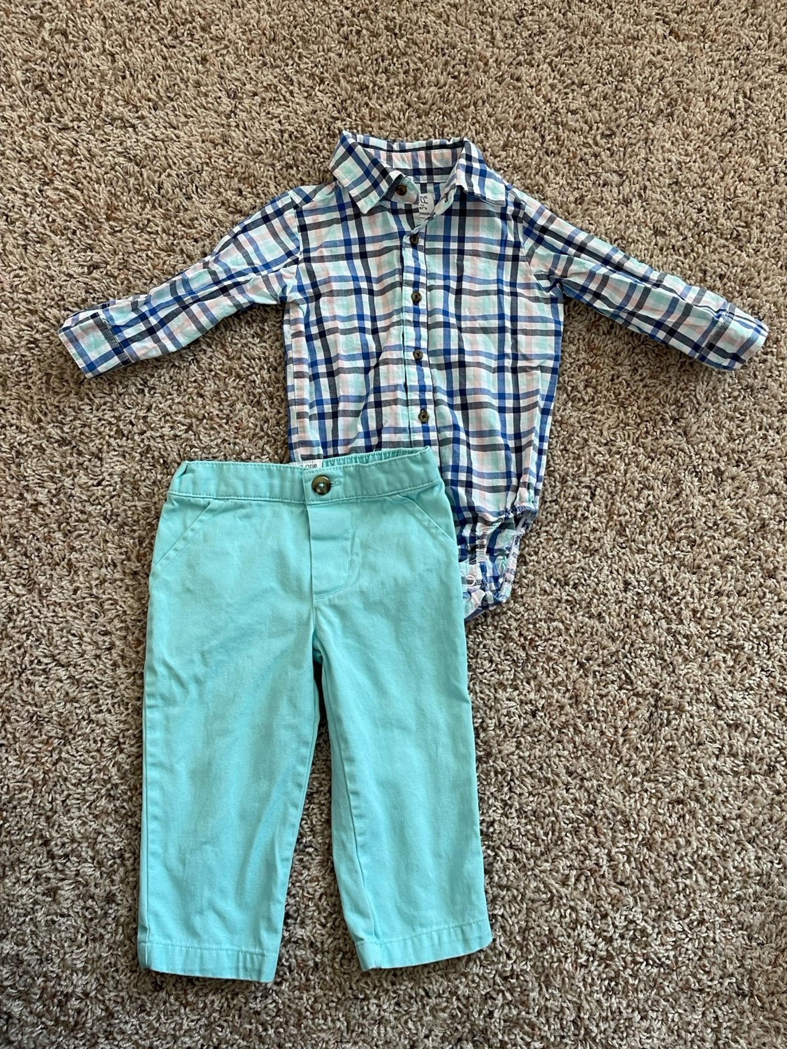 Turquoise pants & plaid bottom front onesie with collar set - dressy baby outfit
