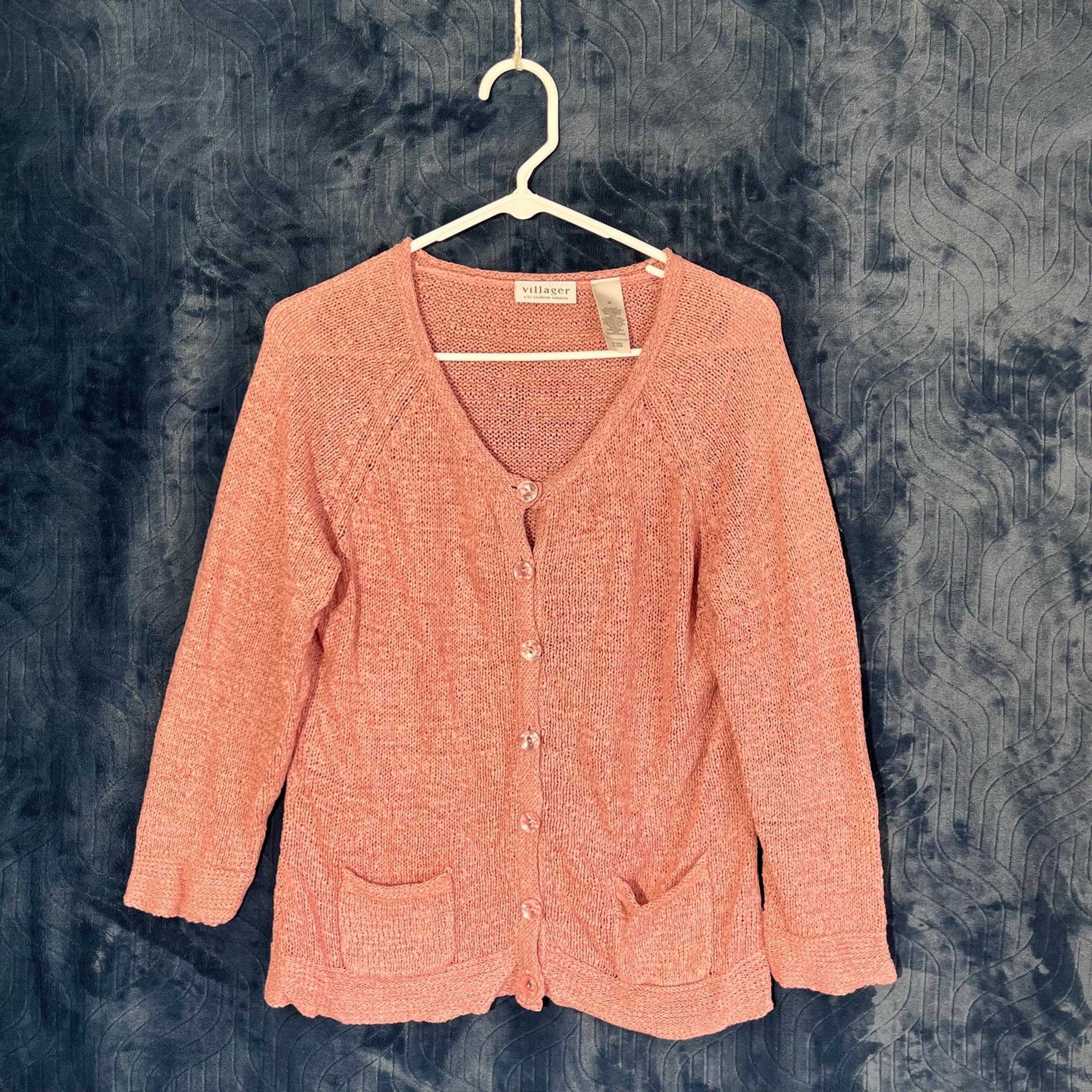 Villager By Liz Claiborne Pink Knitted Acrylic Button Down V Neck Sweater Size M