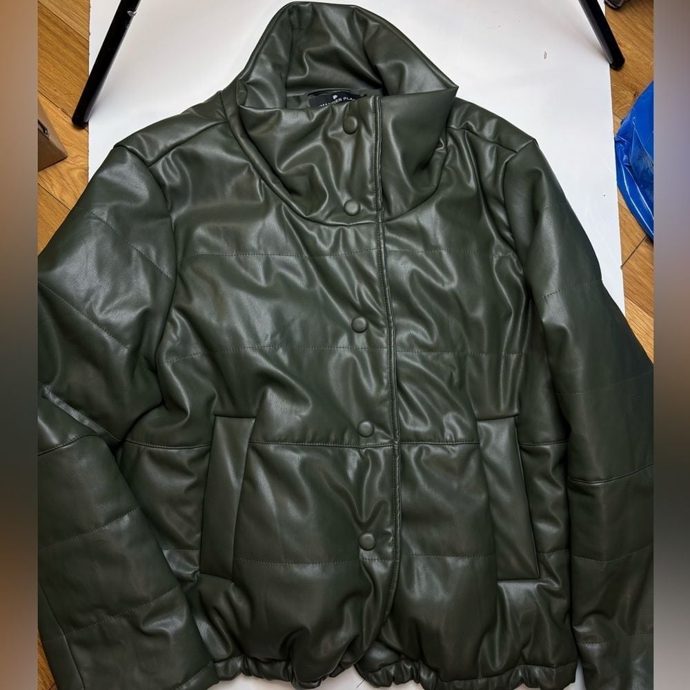 Pomander Place Tuckernuck Olive Faux Leather Puffer Jacket