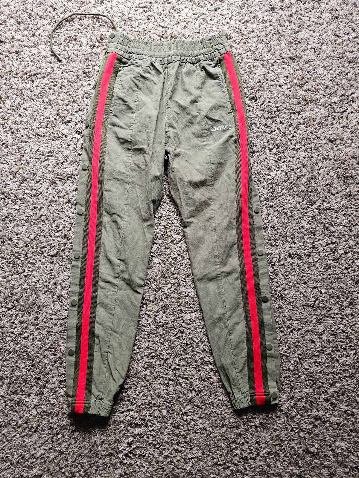 READYMADE army green khaki red stripe clips on sides track pants joggers S-M - detail