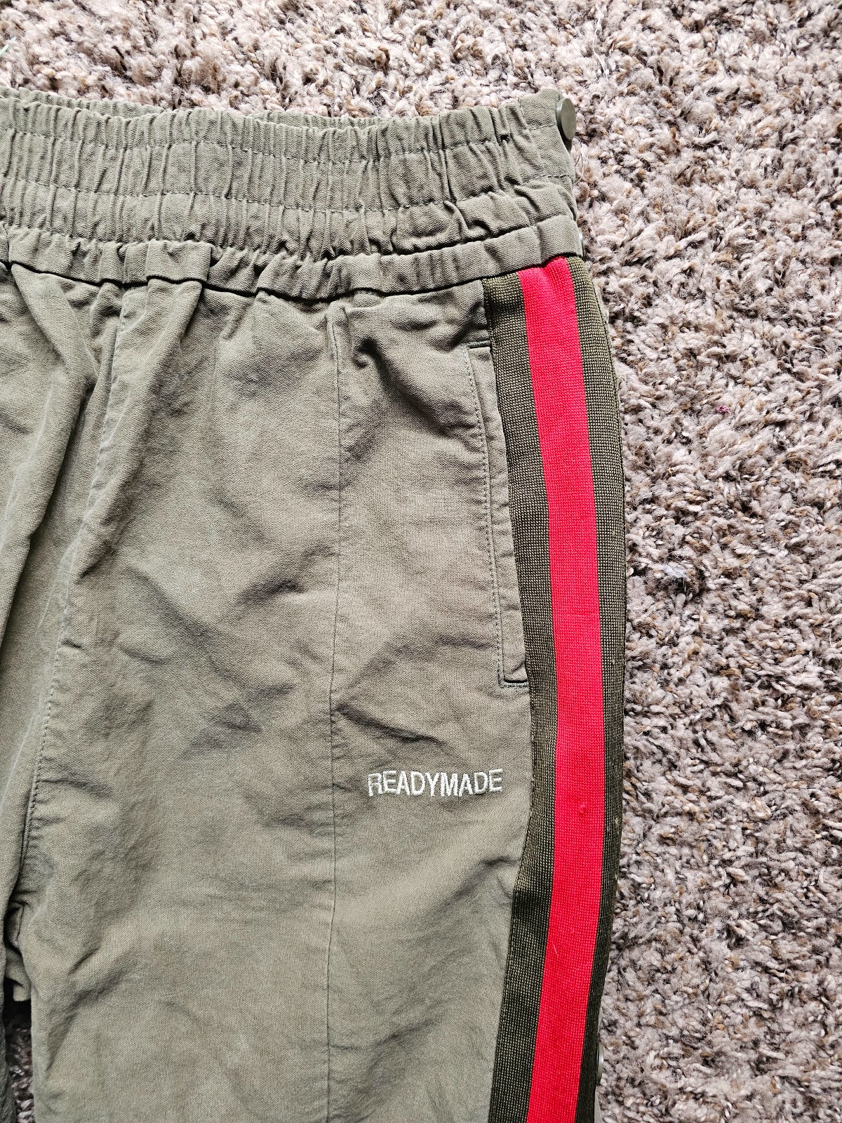READYMADE army green khaki red stripe clips on sides track pants joggers S-M - detail