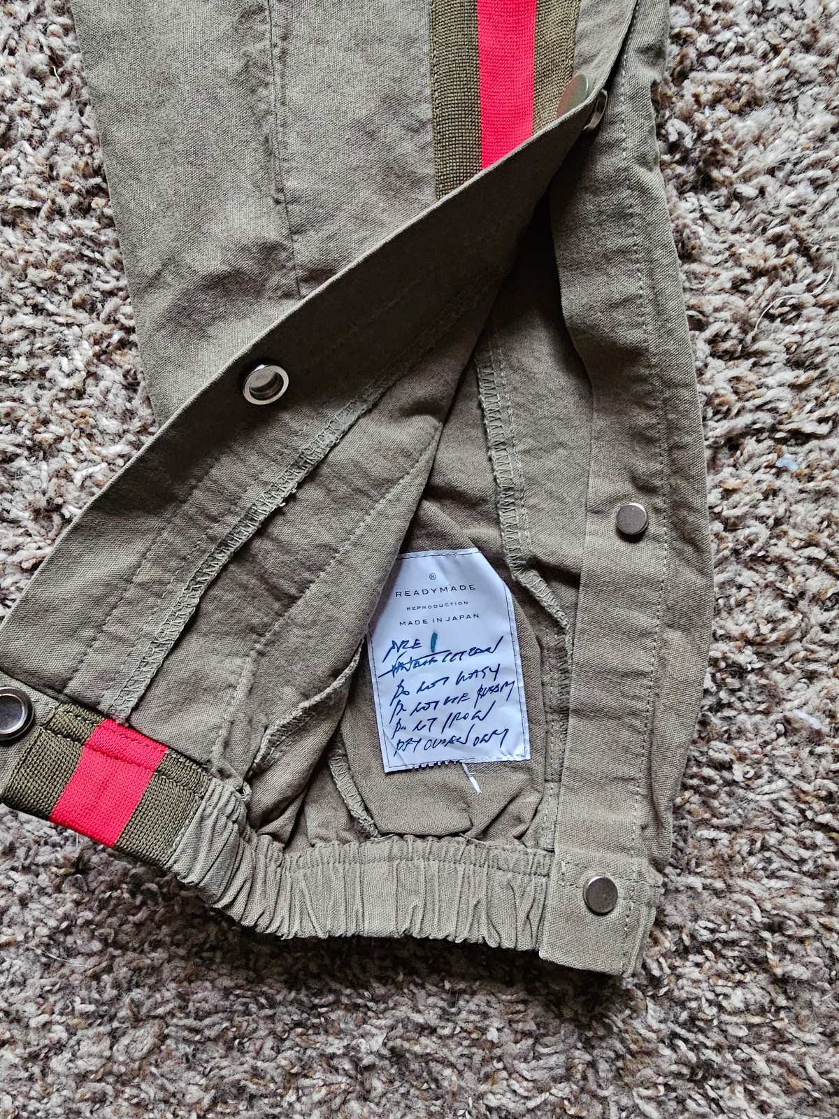 READYMADE army green khaki red stripe clips on sides track pants joggers S-M - detail
