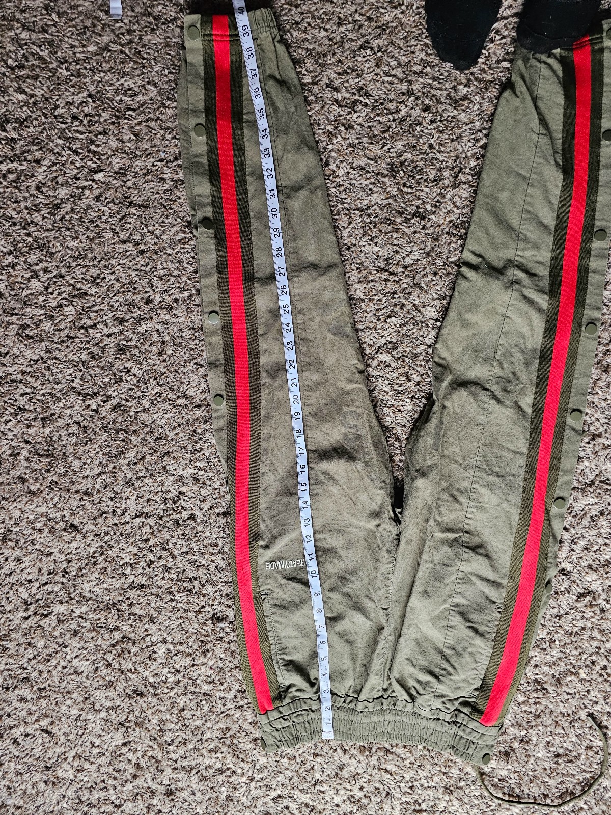 READYMADE army green khaki red stripe clips on sides track pants joggers S-M - detail