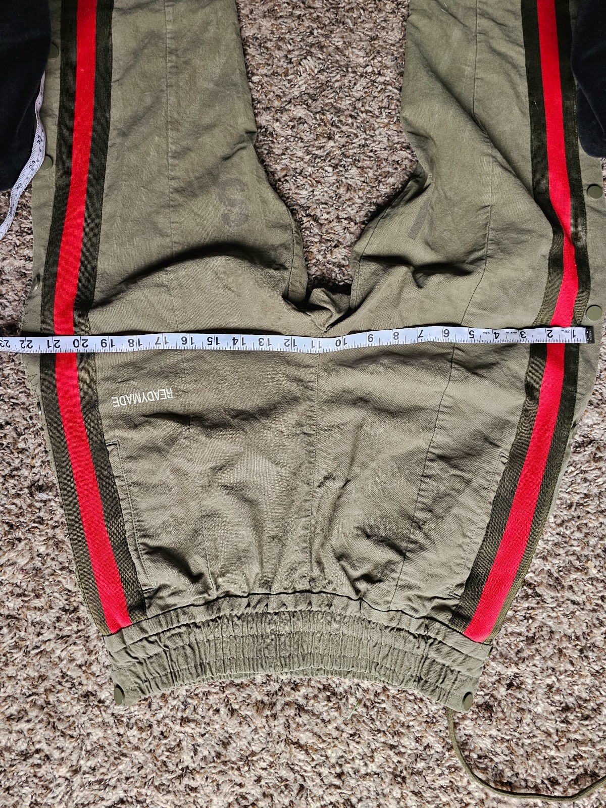 READYMADE army green khaki red stripe clips on sides track pants joggers S-M - detail