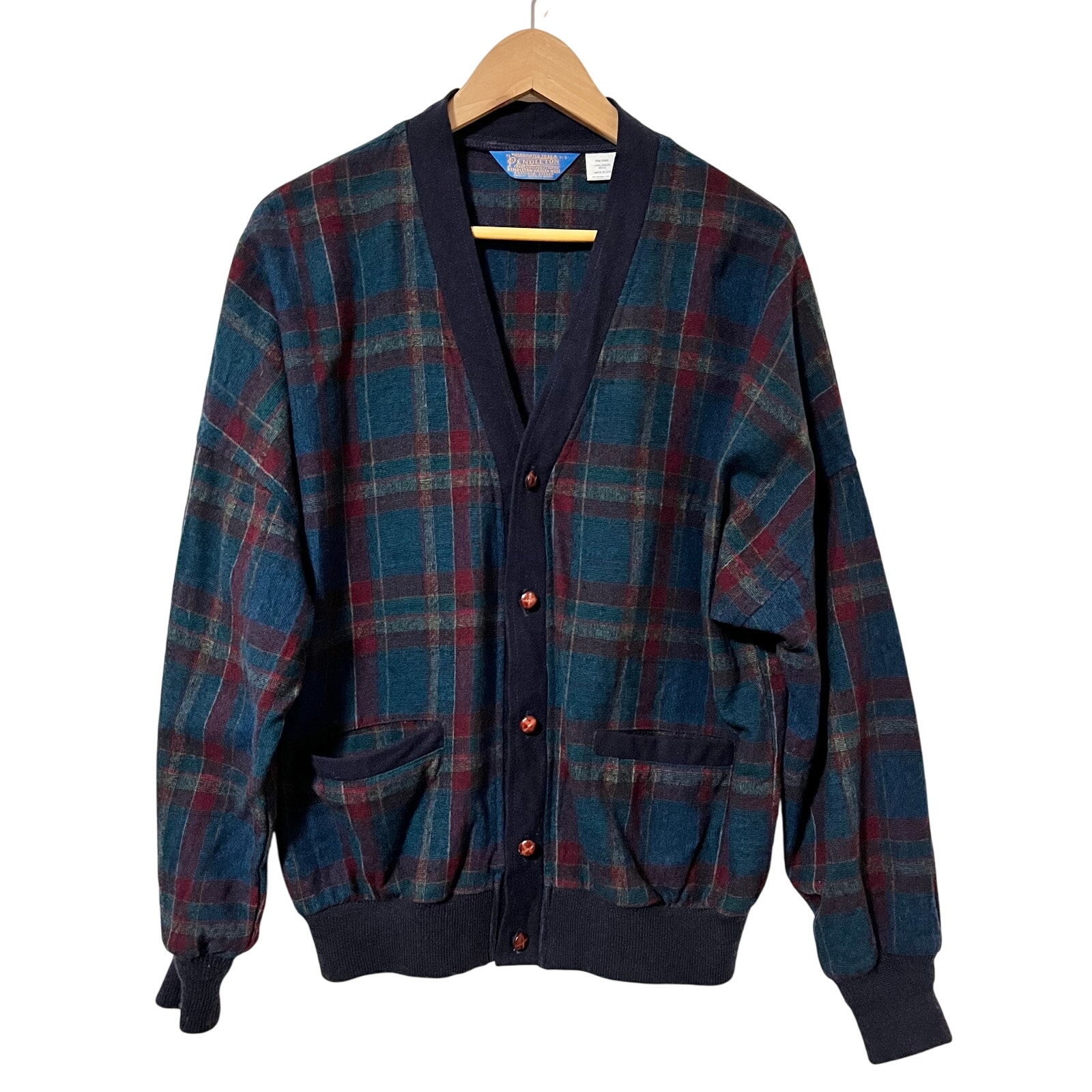 VTG Pendleton Plaid Wool Cardigan Sweater Size L Navy Ranch Country Men’s