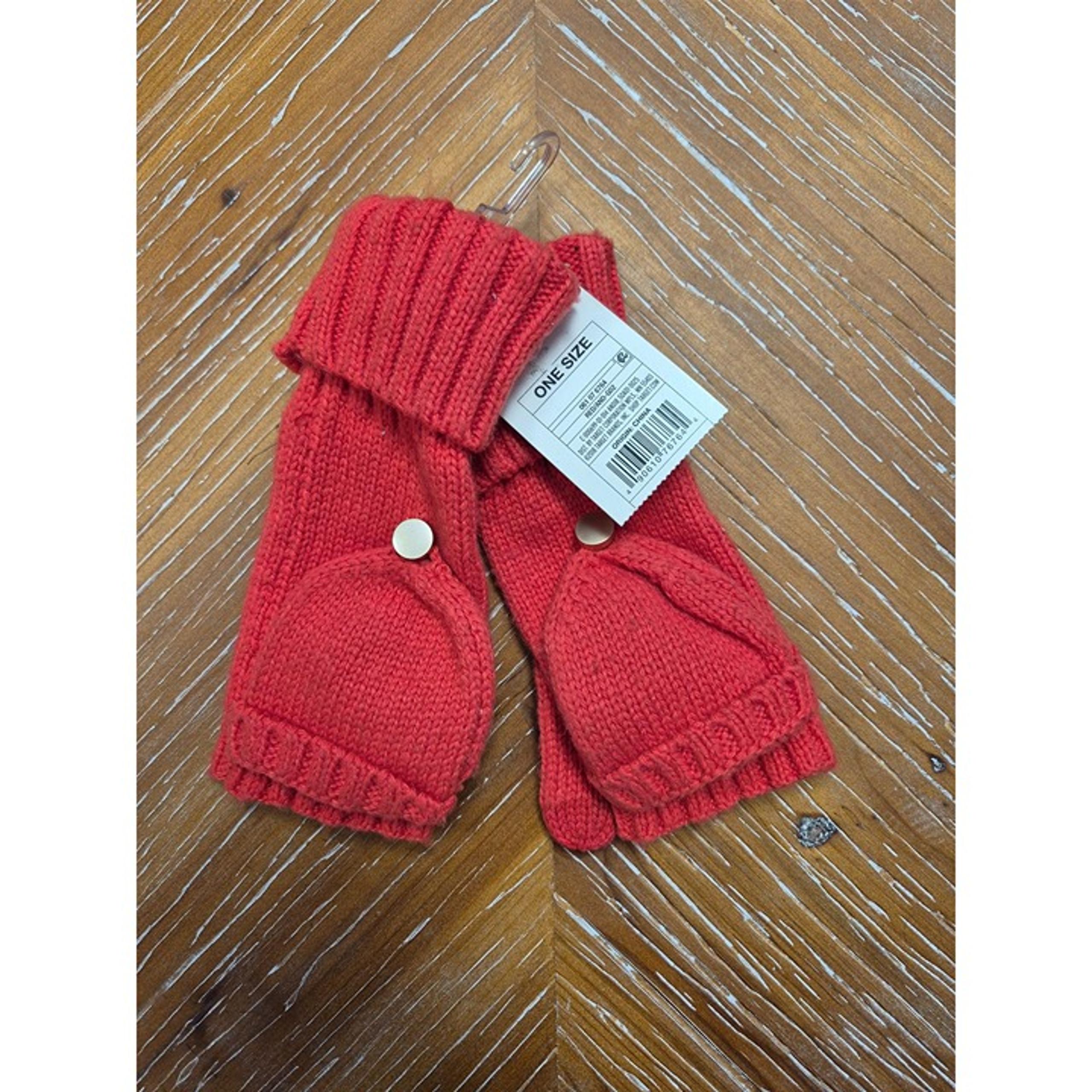 Knitted Red Fingerless Mittens With Convertible Flip Top