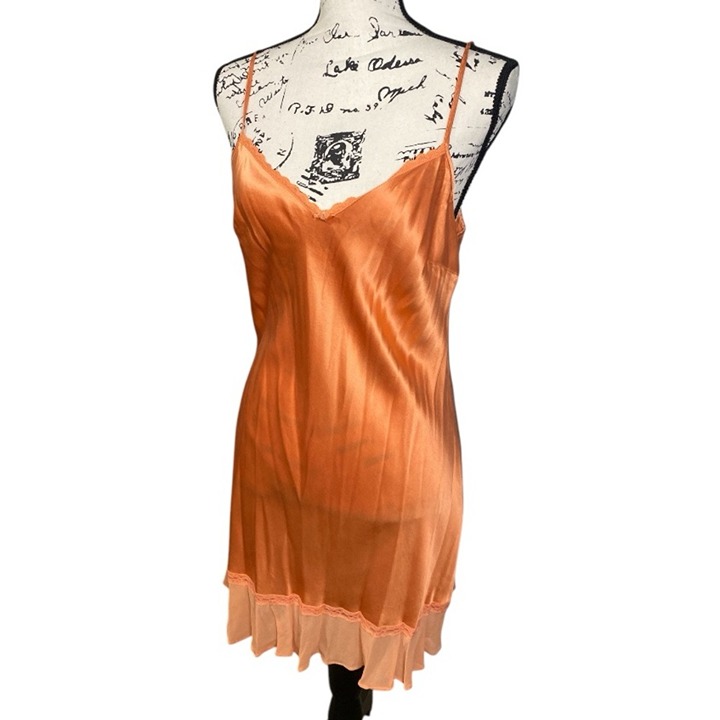 Victoria’s Secret Lingerie Silk Peach Deep V back chiffon ruffle hem slip dress