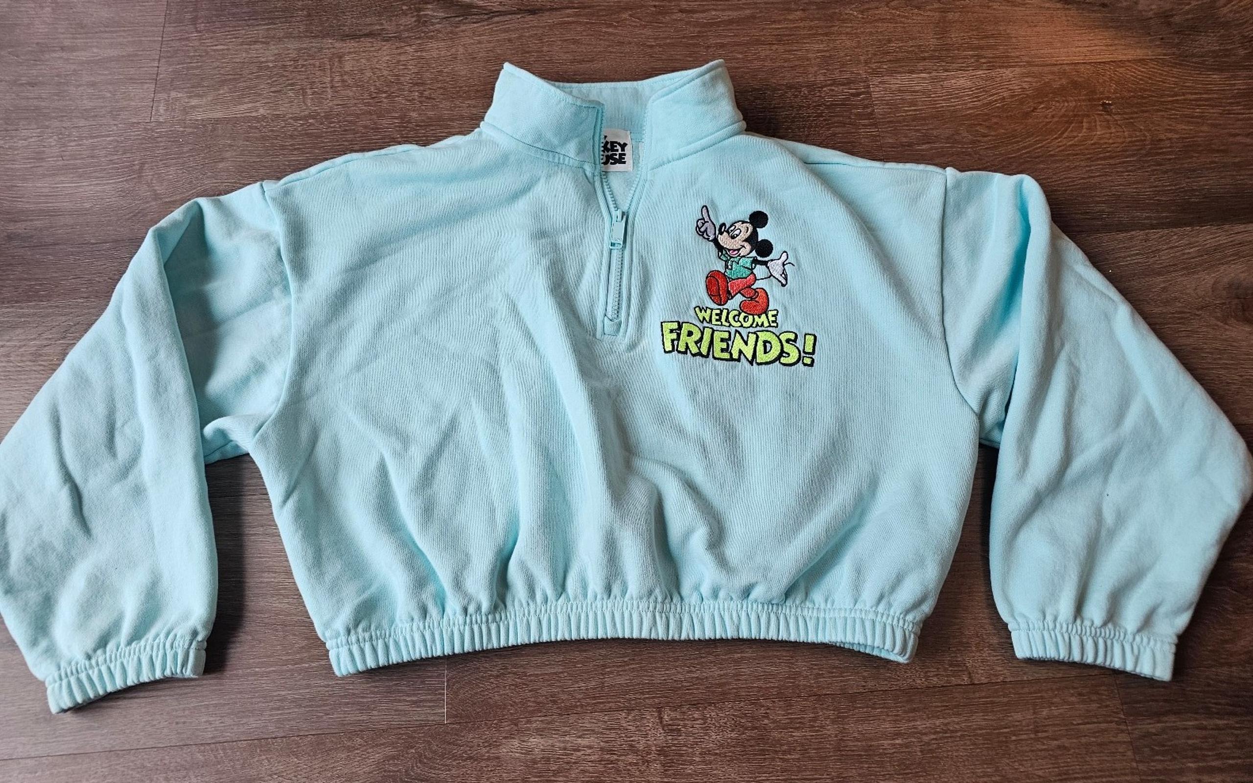Disney Parks Women's L Cropped Sweatshirt Embroidered Mickey Mouse Sky Blue