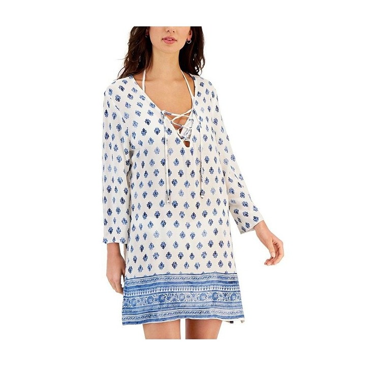 J Valdi Swimsuit Cover-up Venice Lace-up-Neck Tunic Swimwear Cover Dress XL