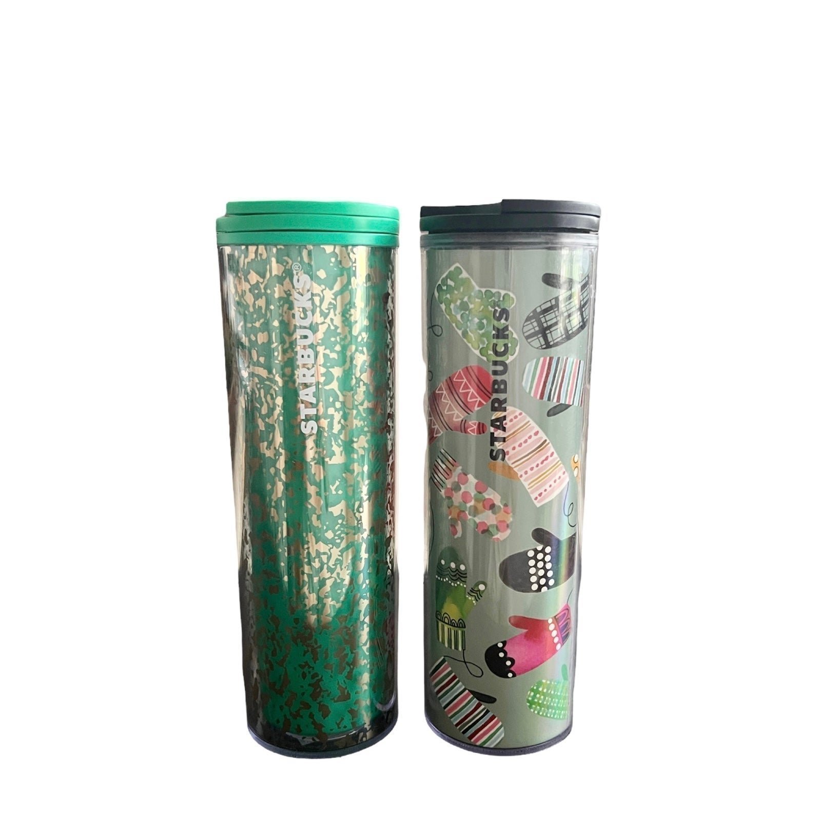 2 x Starbucks Holiday Green Gold Flakes Mittens Travel Tumblers 2017 & 2020 Set