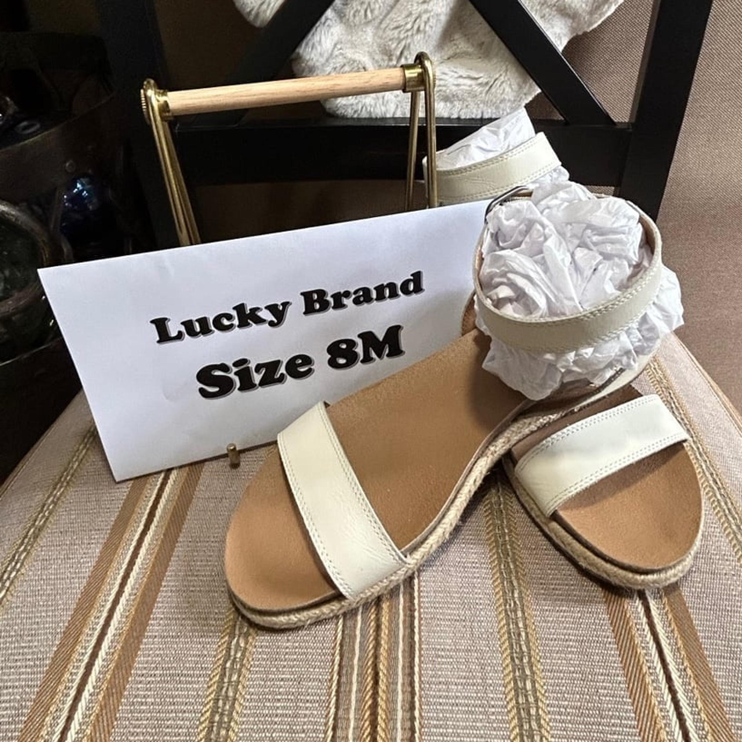Lucky Brand Sz 8M CREAM OFF WHITE LEATHER FLAT ANKLE STRAP ESPADRILLE SANDALS