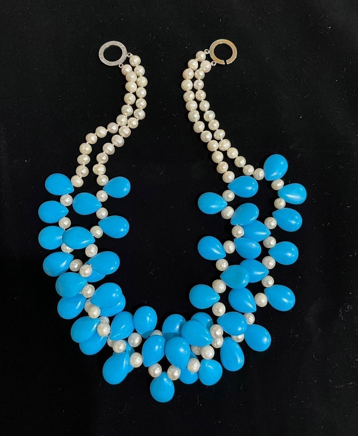Rare Design Turquoise Blue Magnesite and Pearl Statement Necklace