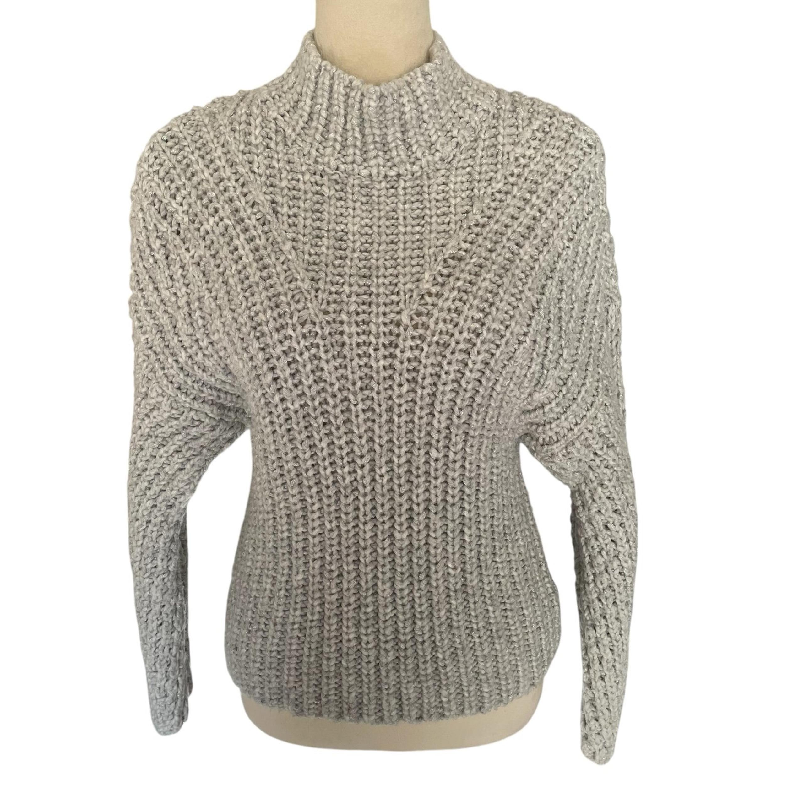 Express Wool Blend Mock Neck Chunky Cable Knit Metallic Threads Women Sweater M