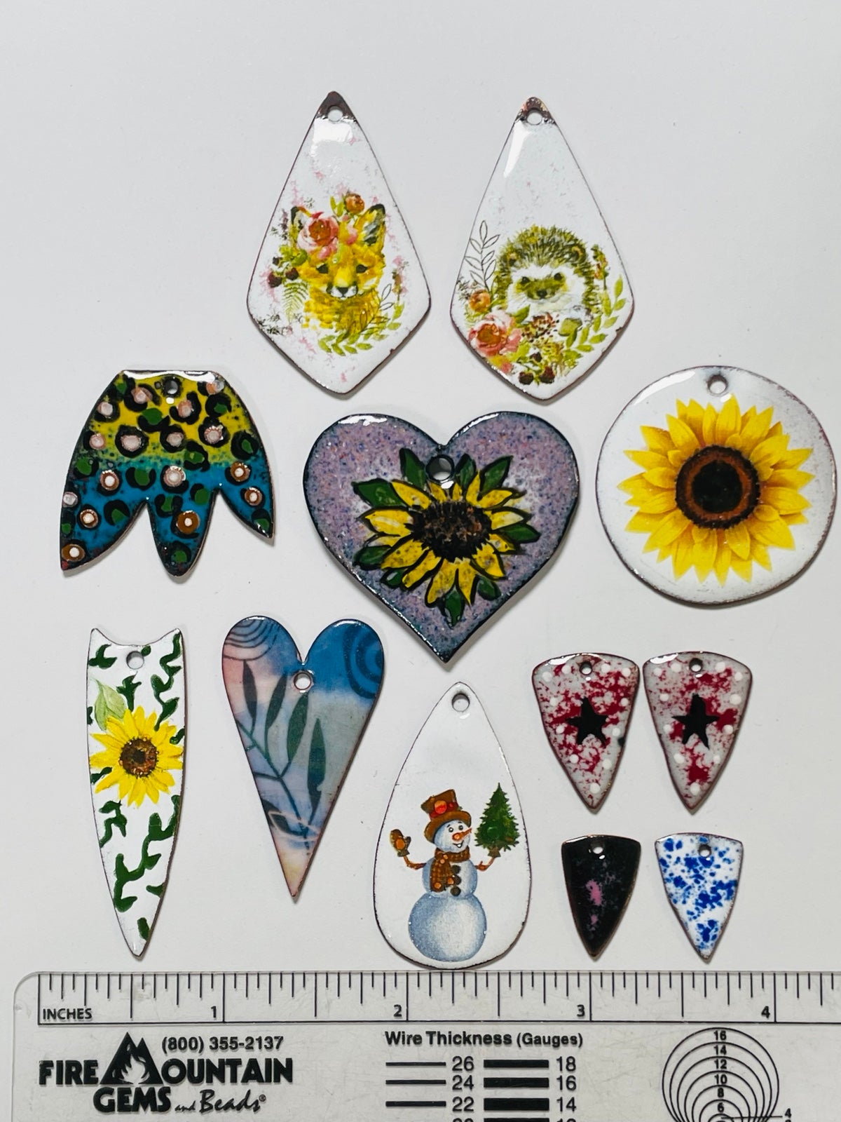 Lot of 12 Glass Enameled Pendants or Charms Handmade Sunflower FOX SNOWMAN HEART
