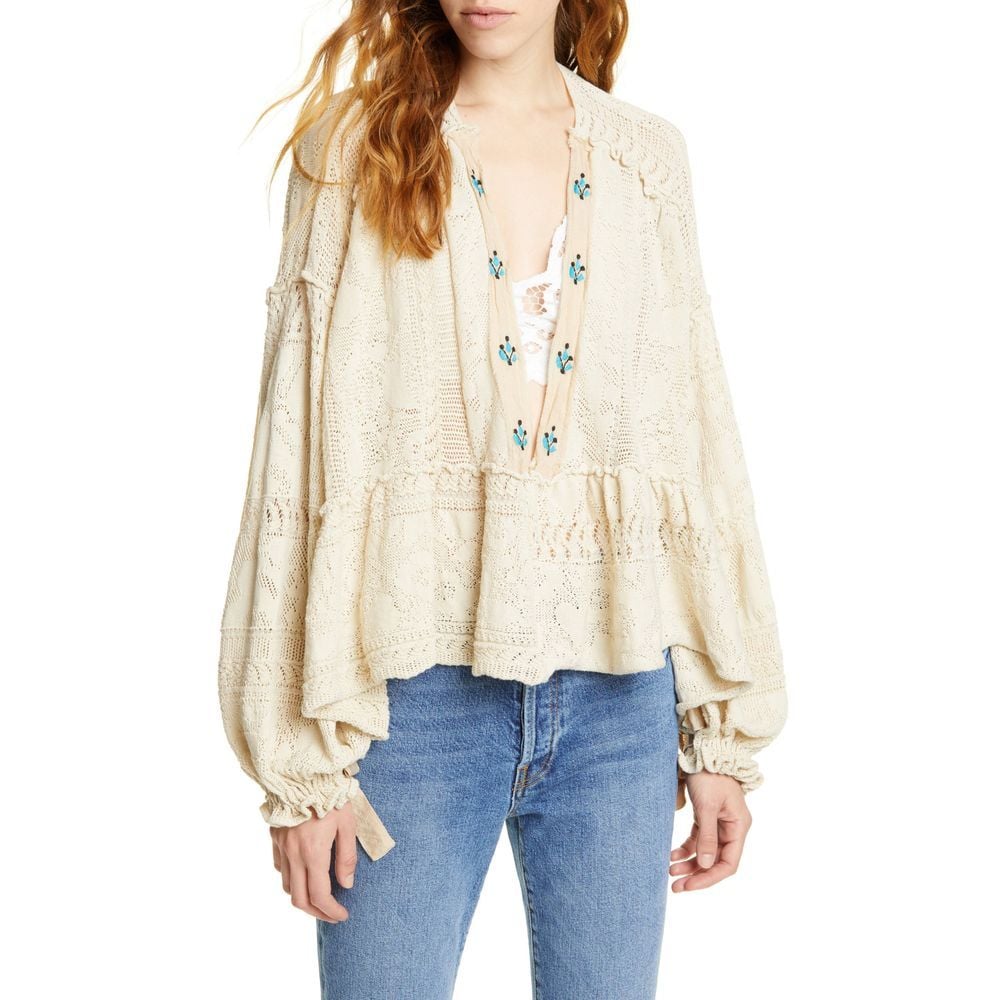 Free People Stargazing Oversized Cotton Embroidered Crochet V-Neck Sweater Cream
