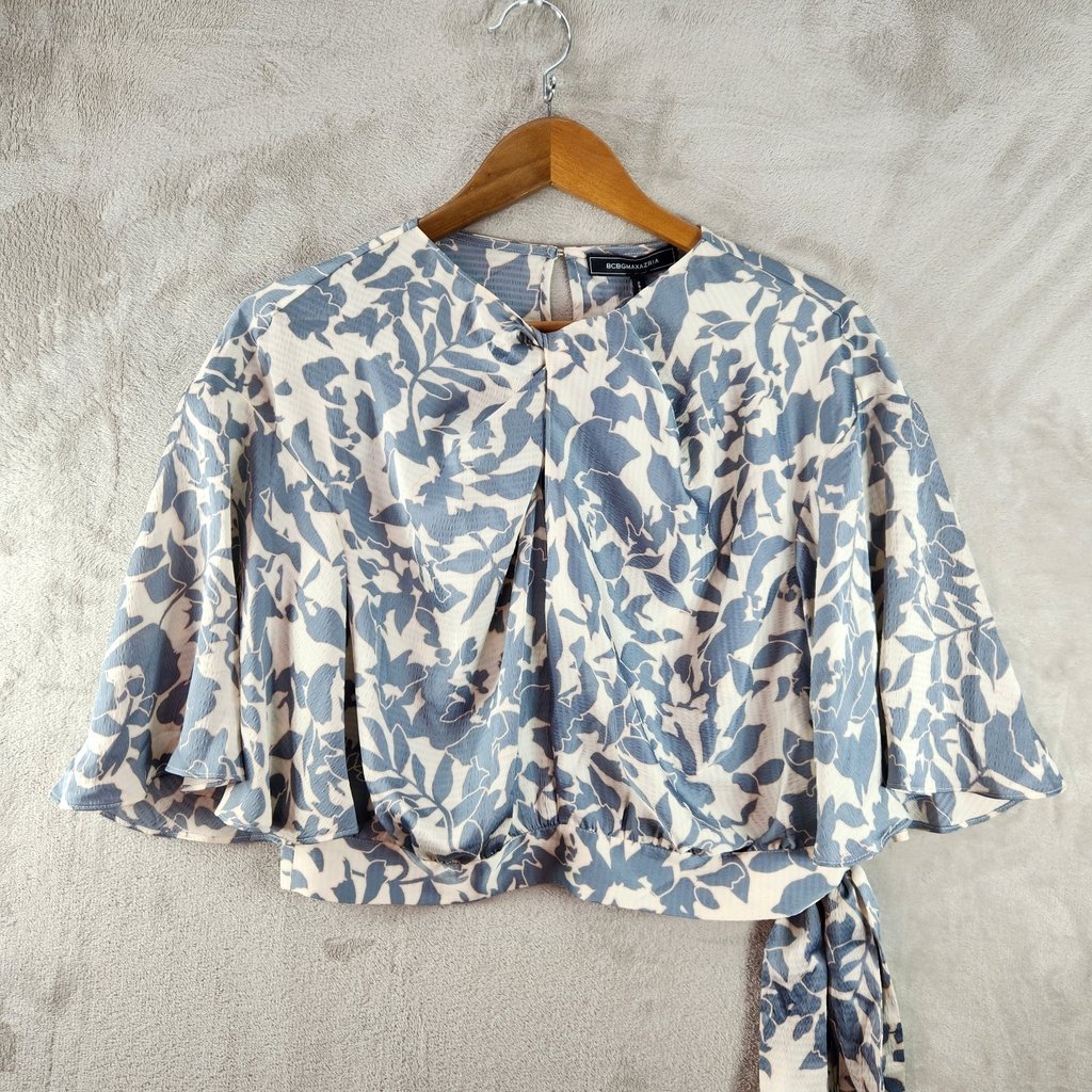 BCBGMAXAZRIA Floral Tie-Waist Bell Sleeve Blouse Flowy Party Cocktail Blush Sz S
