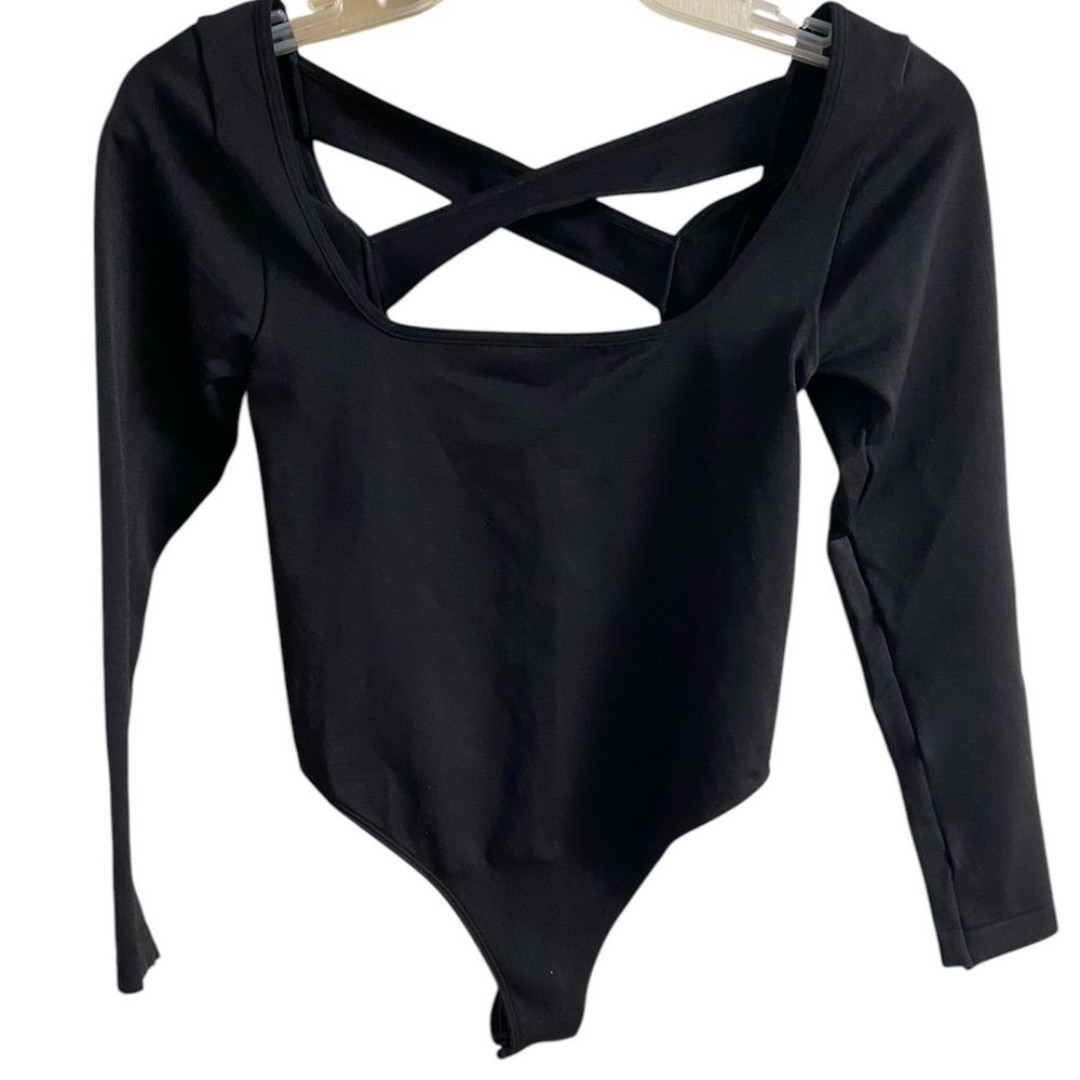 Anthropologie bodysuit black long sleeve square neck Small NWT 58