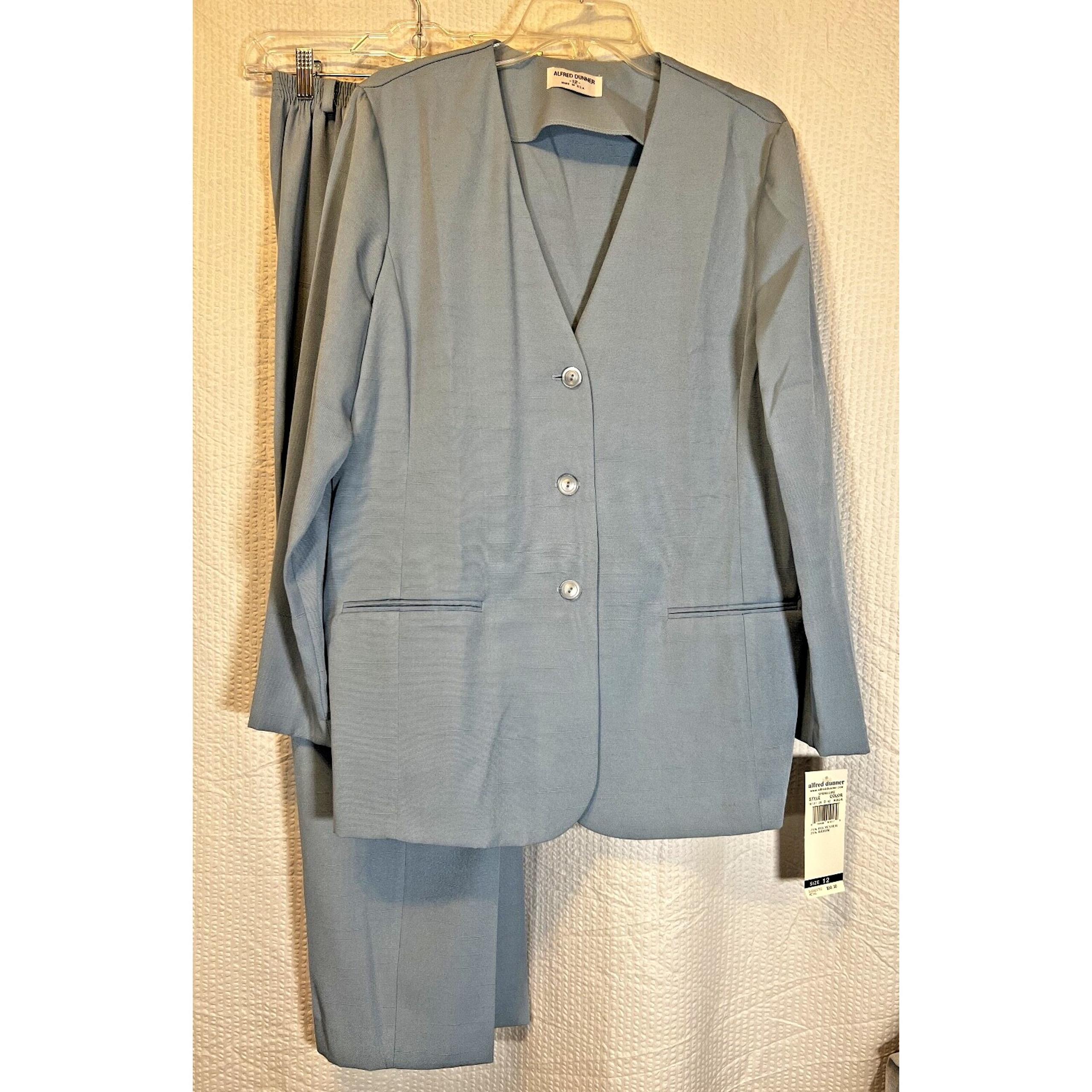 Alfred Dunner 2-Pc Pants Suit Blue Blazer Jacket-12 Pants-8 Pastel Blue Made USA