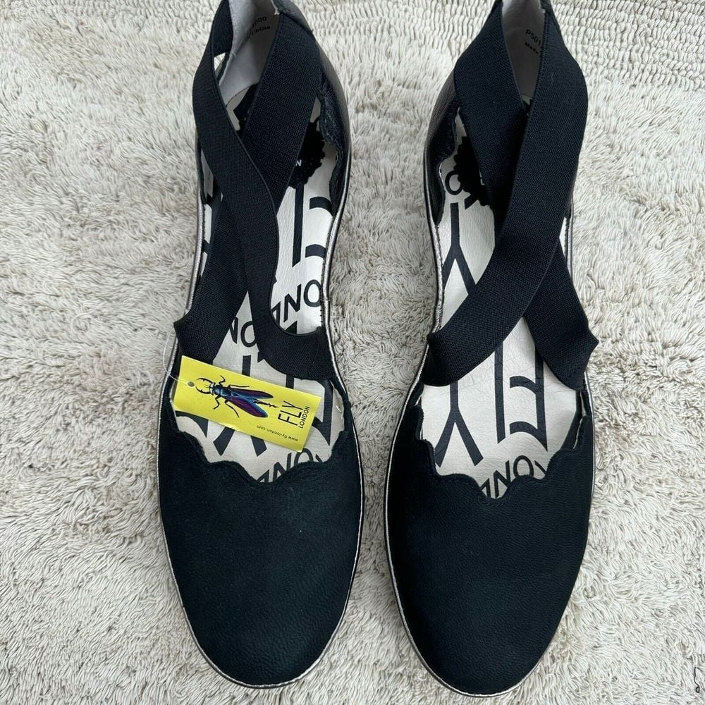 Fly London Black Suede Cupido Low Wedge Ankle Strap Close Toe Comfort Shoe Sz 42