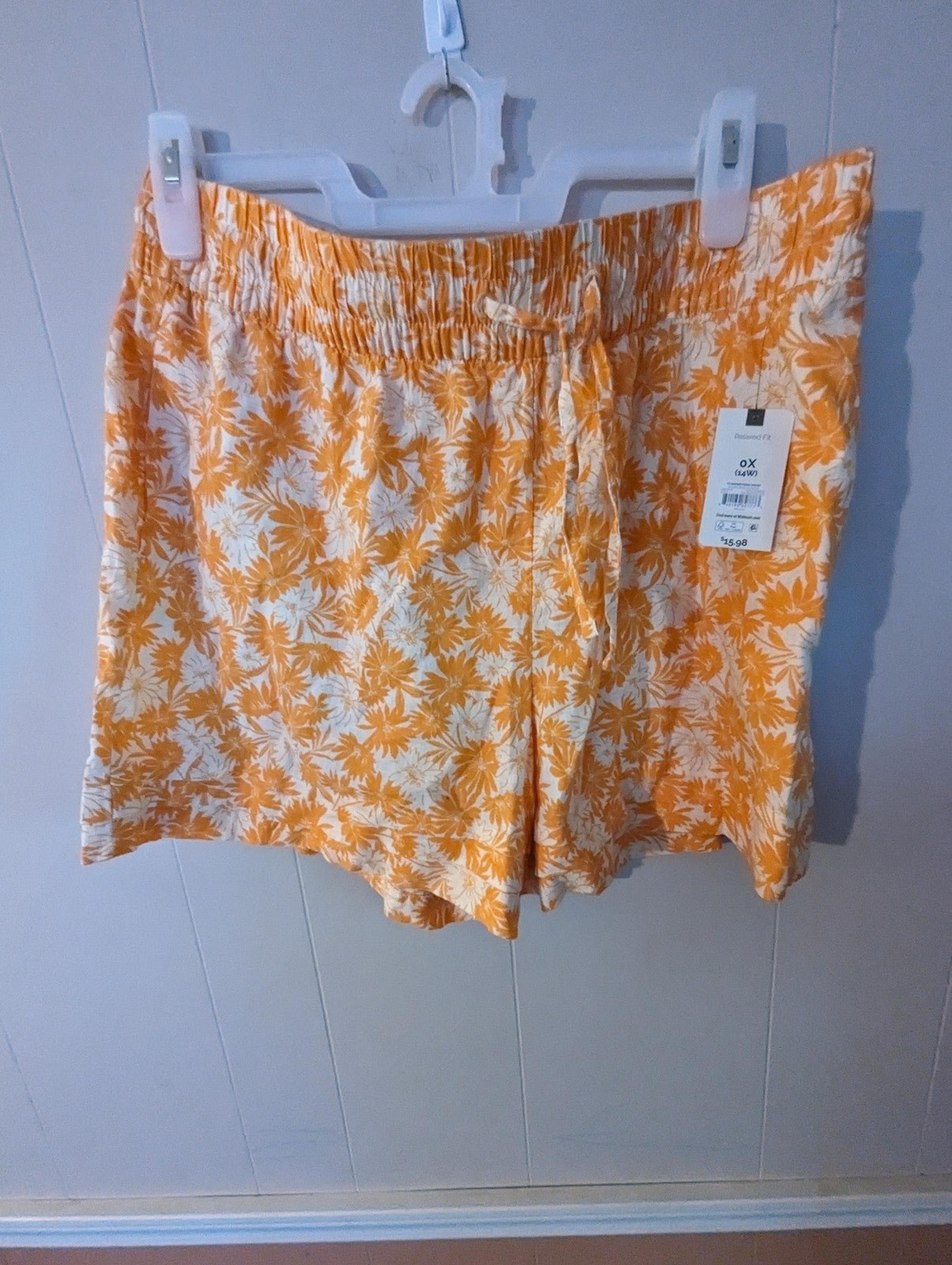 Women's Plus 0X 14W Orange & White Floral Terra & Sky Pull-On Linen Shorts