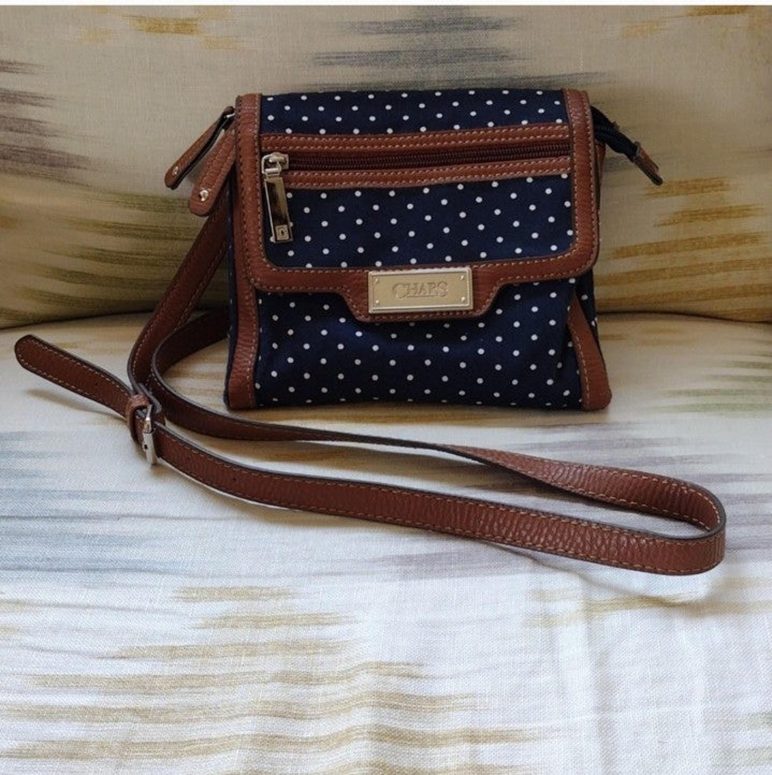 Chaps crossbody navy polkadot purse with pink liner