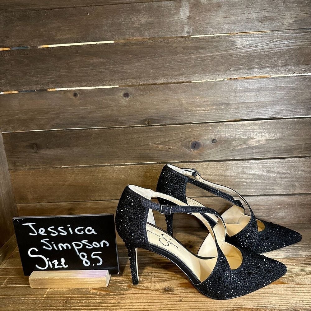 NIB Womens Jessica Simpson Accile Black Micro Flash Rhinestone Heels Size 8.5 M