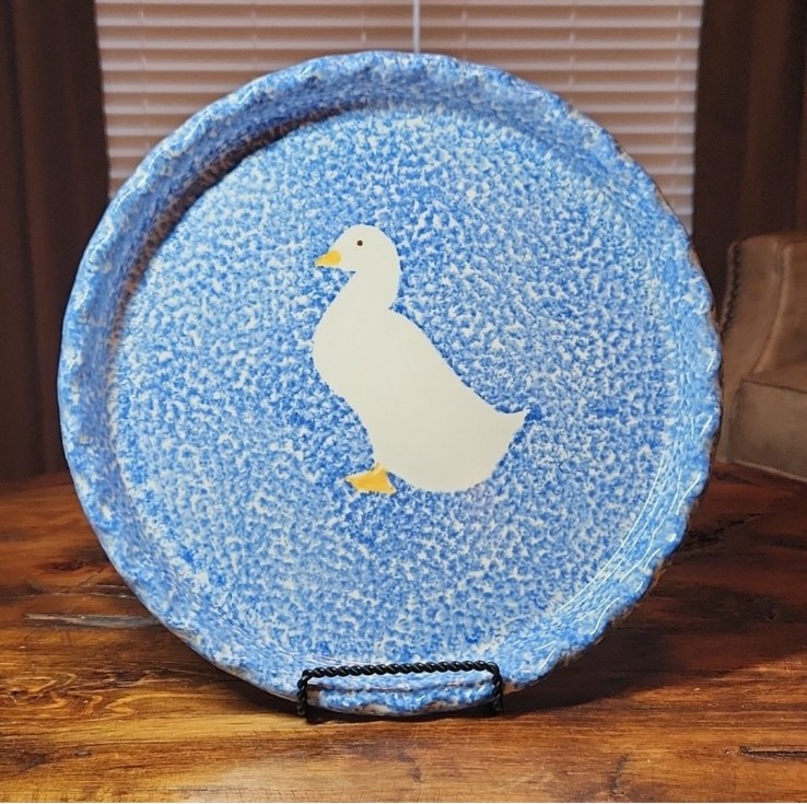 H.S. Gustin Co Pottery Blue Stipple Goose Pie Dish