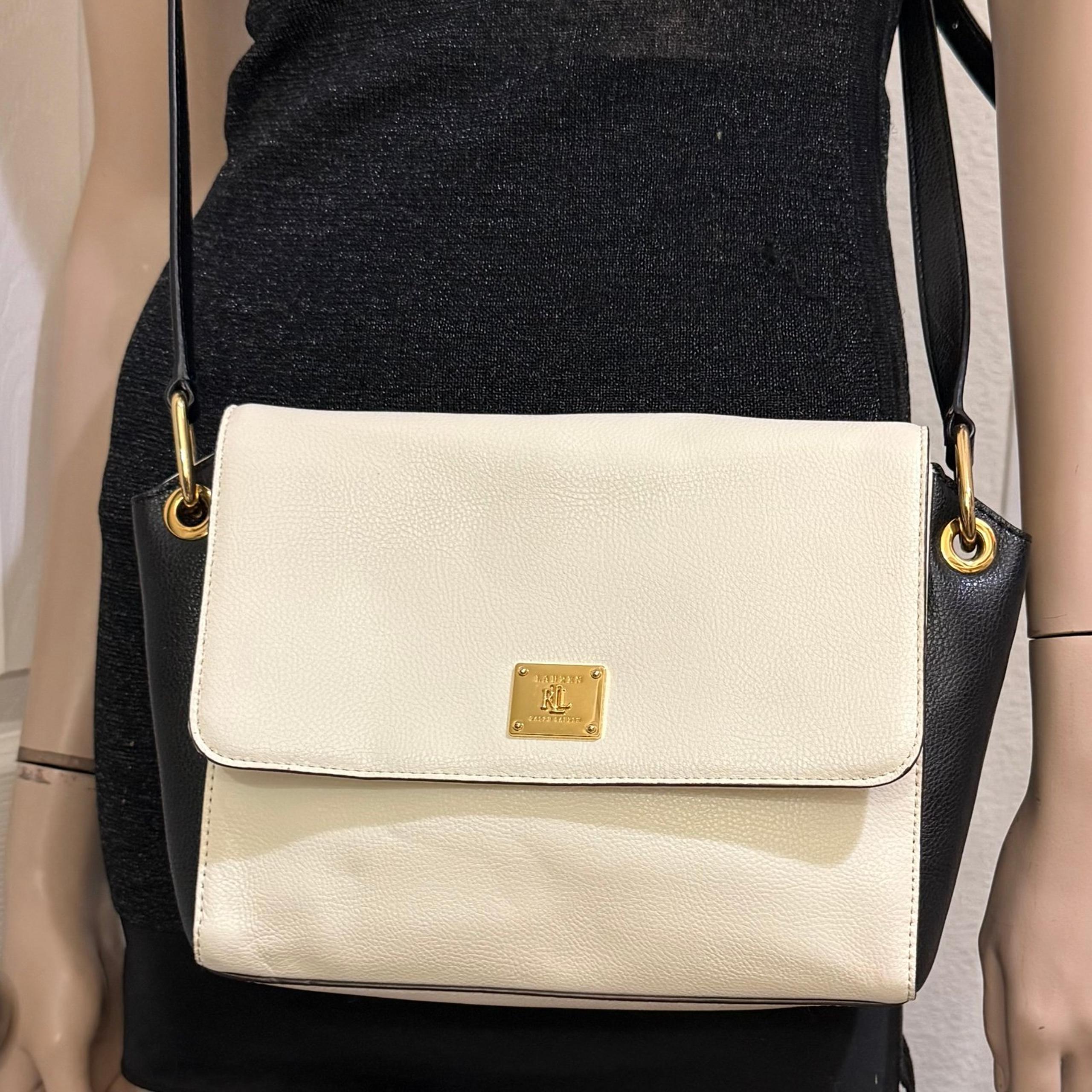 LRL Lauren Ralph Lauren Vanilla/Black Leather Agdon Messenger Crossbody Bag