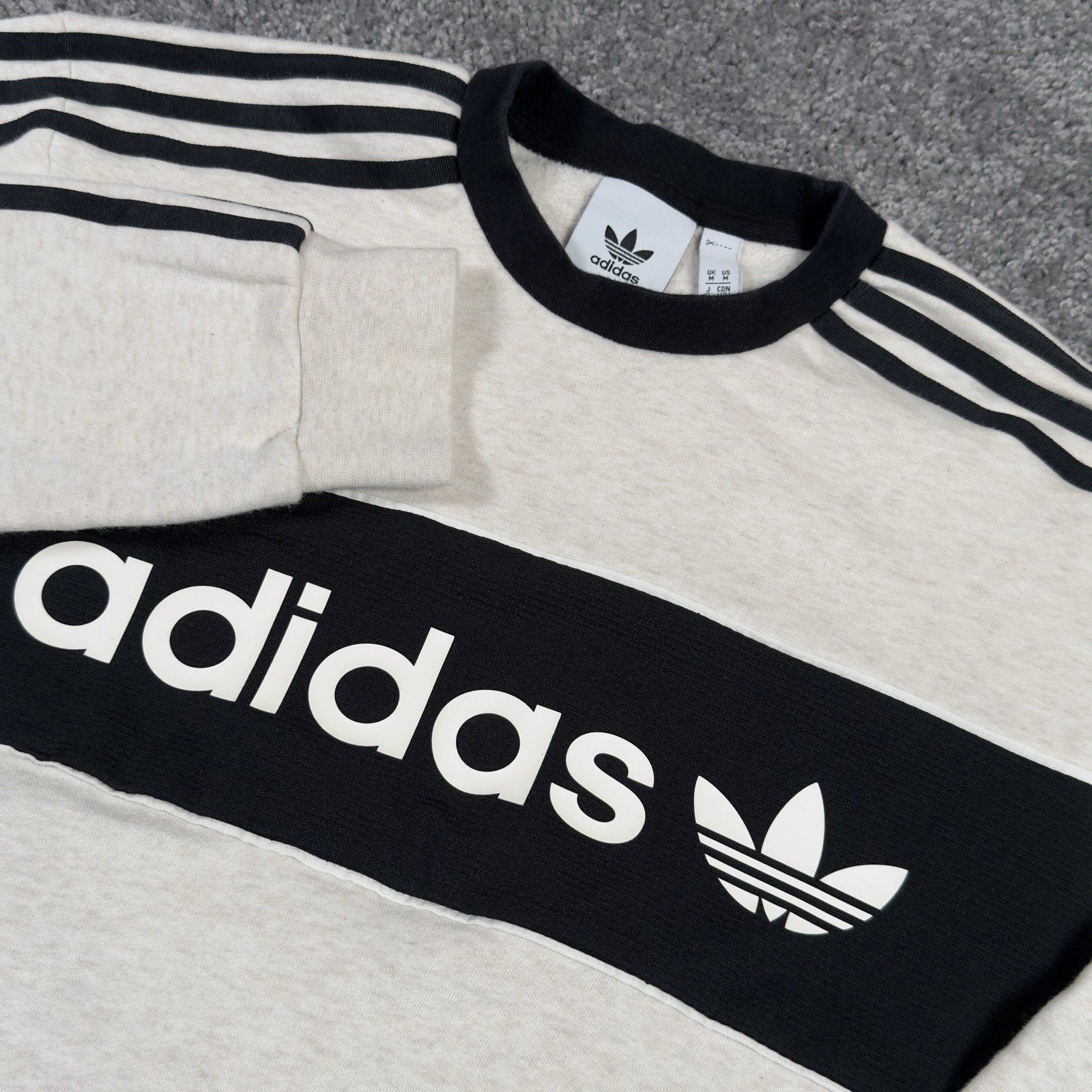 Adidas Sweatshirt Men's M Ivory Black Crewneck Spellout 3 Stripe Long Sleeve