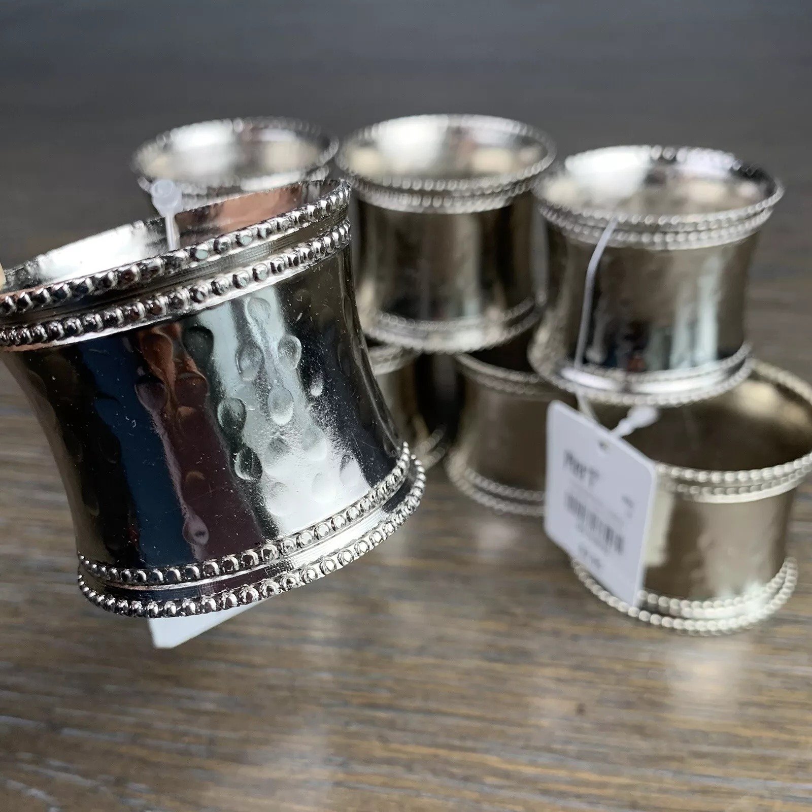 Set of 8 Pier 1 Shiny Silver Tone Hammered Metal Fluted Napkin Rings