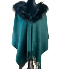 NWT Talbots | Removable Black Faux Fur Collar Ruana Green Poncho Cape | Sz. M/L