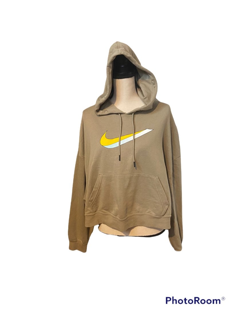 Nike NSW tan size medium swoosh front cropped hoodie.