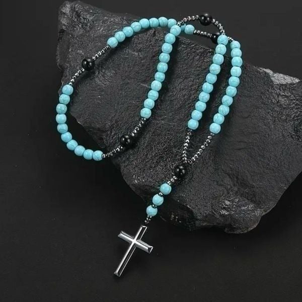 Turquoise Onyx Hematite Round Beaded Cross Pendant Rosary Necklace New