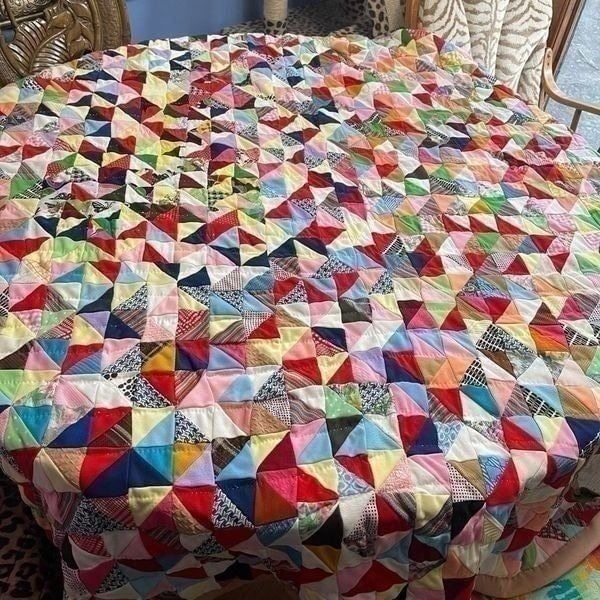 Vintage 60s 70s Triangle Patchwork Handmade Quilt Blanket