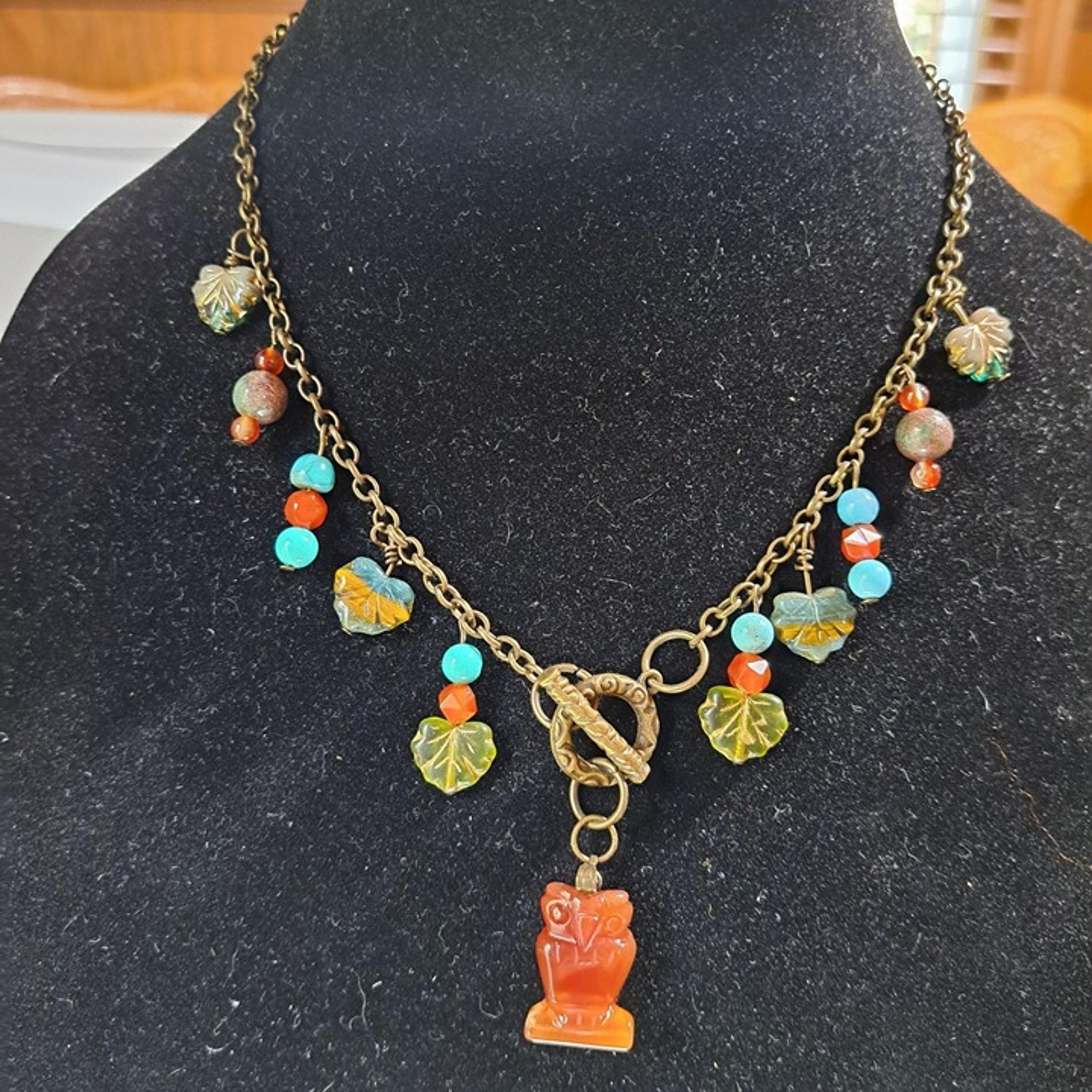 Handmade Carnelian Necklace fancy sapphire Czech glass stone owl 17" bronze tone