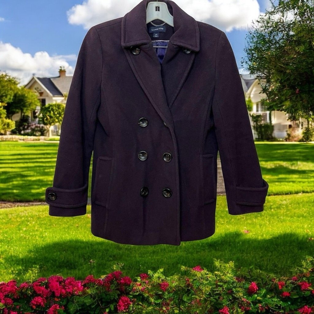Lands’ End Heavy Wool Cashmere Blend Winter Coat Jacket Purple Peacoat Sz S 6P