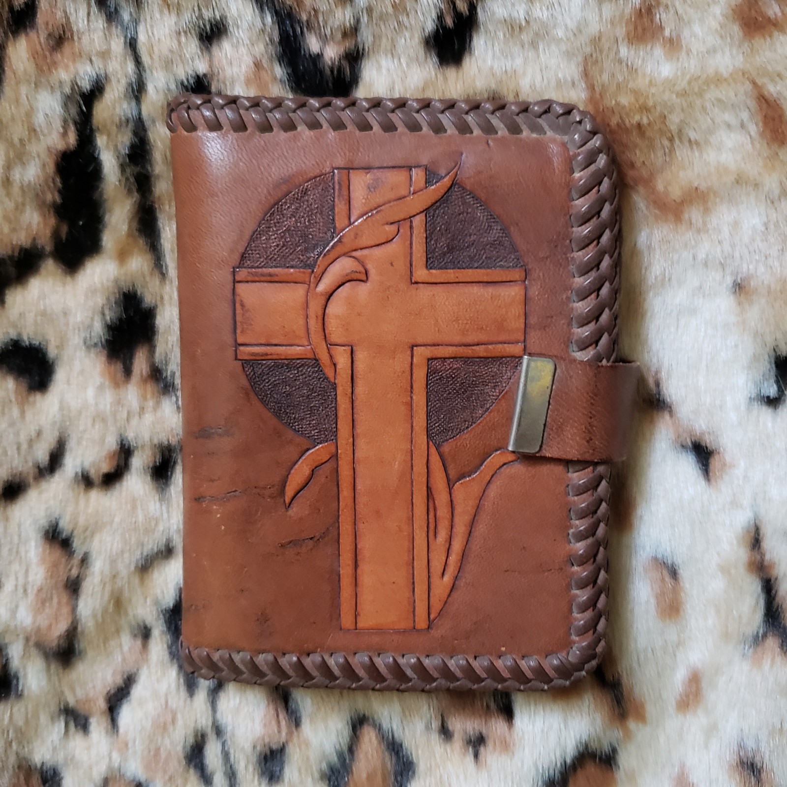 70s Vintage Brown Stamped Leather Wallet with Christian Cross & Praying Hands