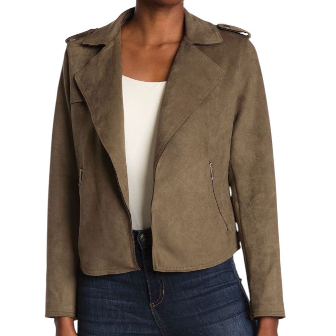 Tahari Faux Suede Leather Olive Green Sz 1X Moto Jacket Open Front Lightweight