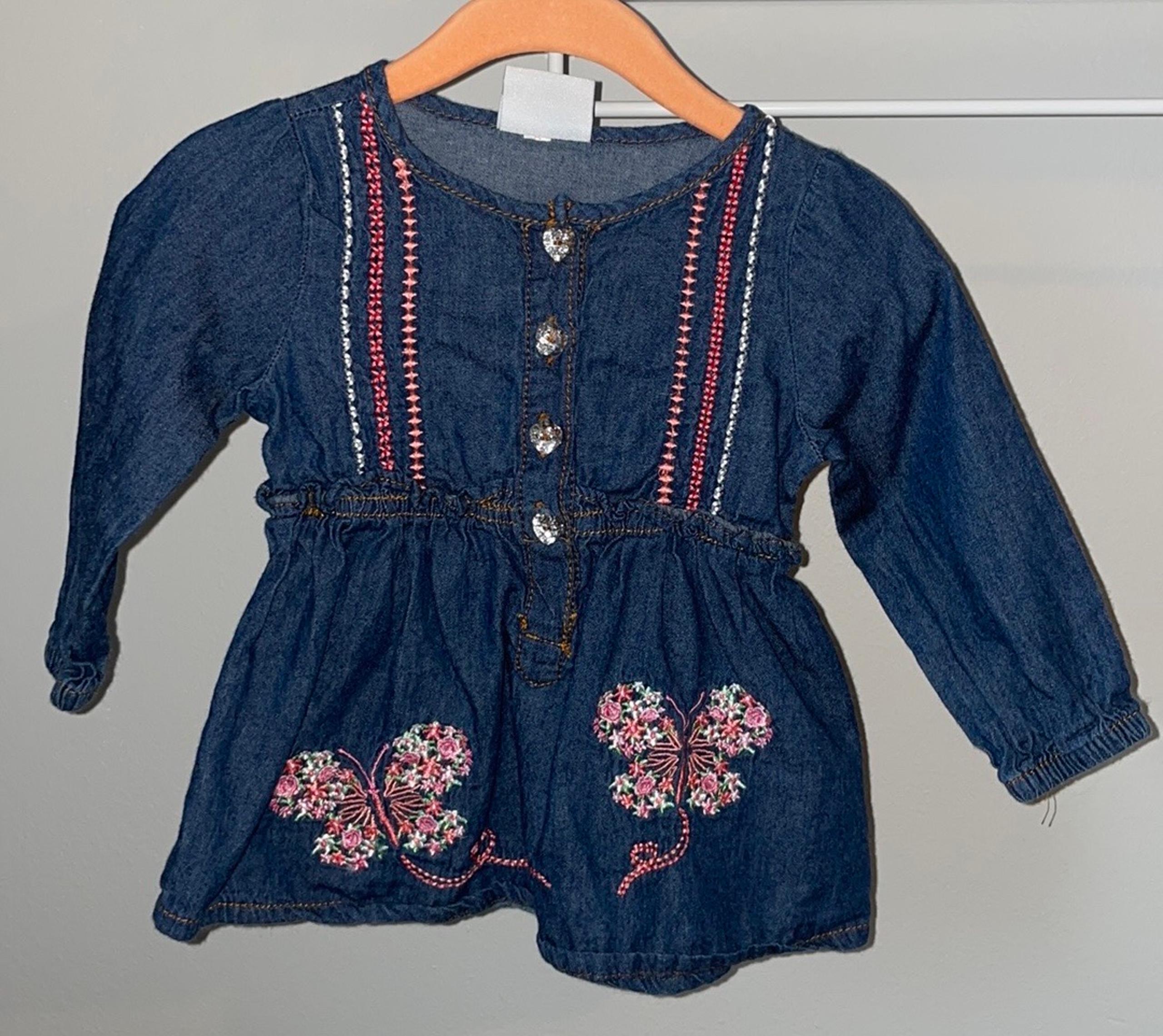 Nannette baby Long Sleeve Jean Dress 6-9 Months Crystal Hearts & Butterflies