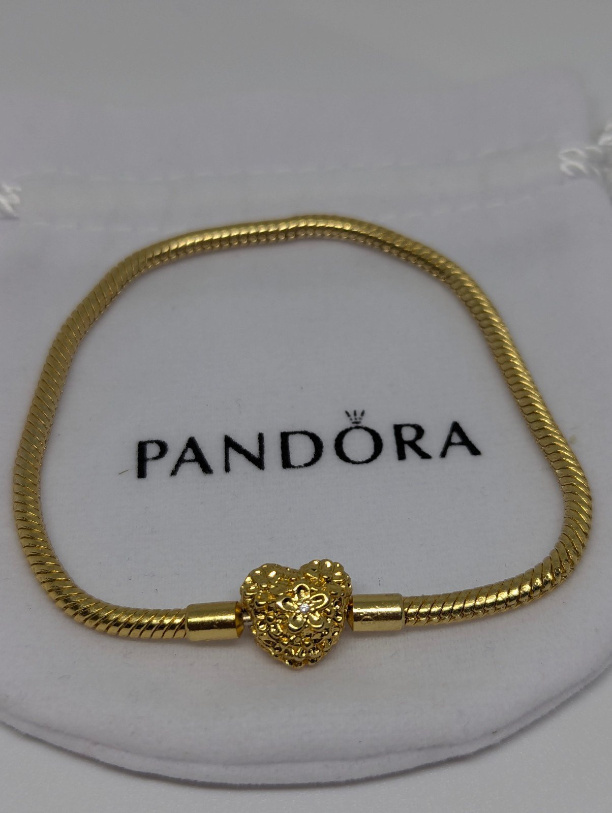 Pandora Moments 14k Golden Plated heart claps snake chain charm bracelet 7.5 in
