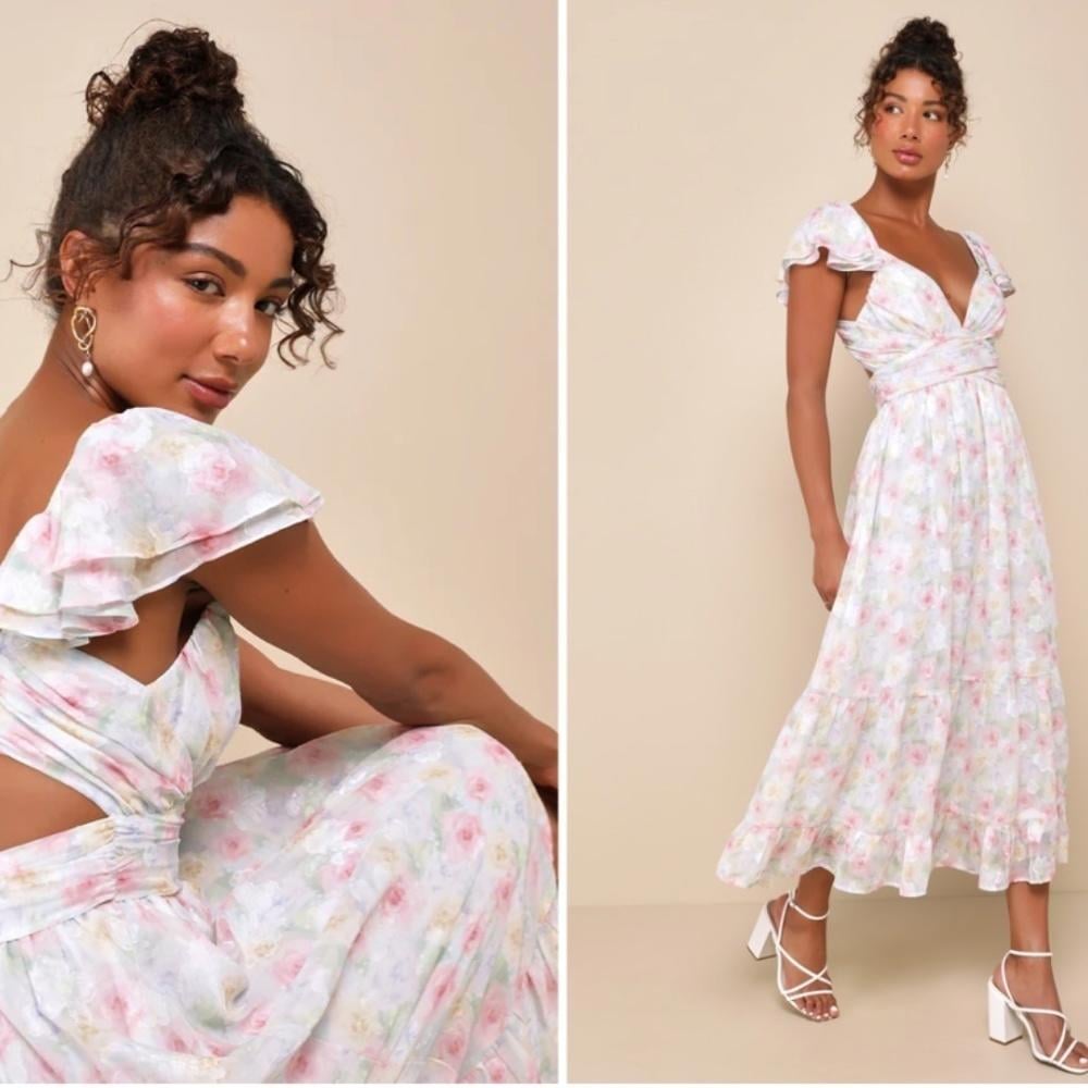 LULU's Prom Wedding Flowy Romantic Floral Ruffle Corset Tie Back Midi Dress NWOT